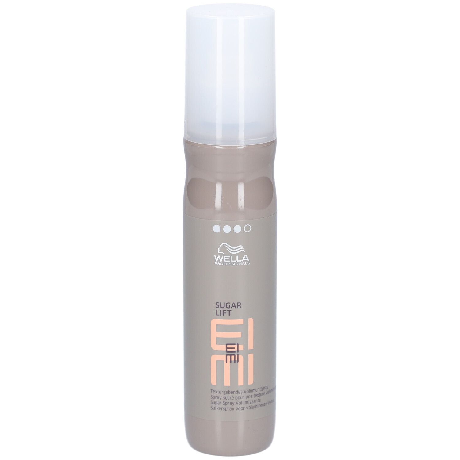 Flacon de spray capillaire avec bouchon blanc. Inscription: Wella EIMI Sugar Lift.