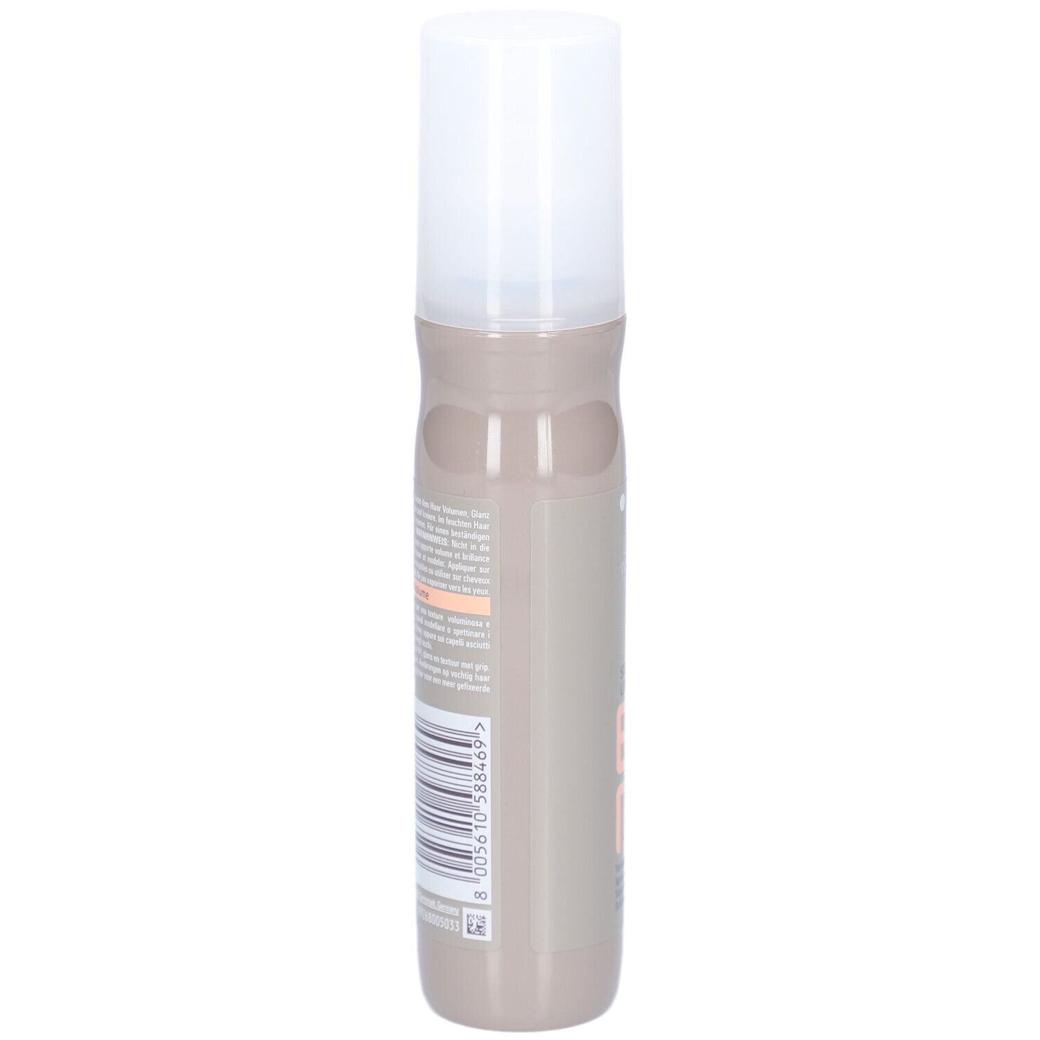 Dos du flacon de spray capillaire. Code-barres et texte. Inscription: Wella EIMI Sugar Lift.
