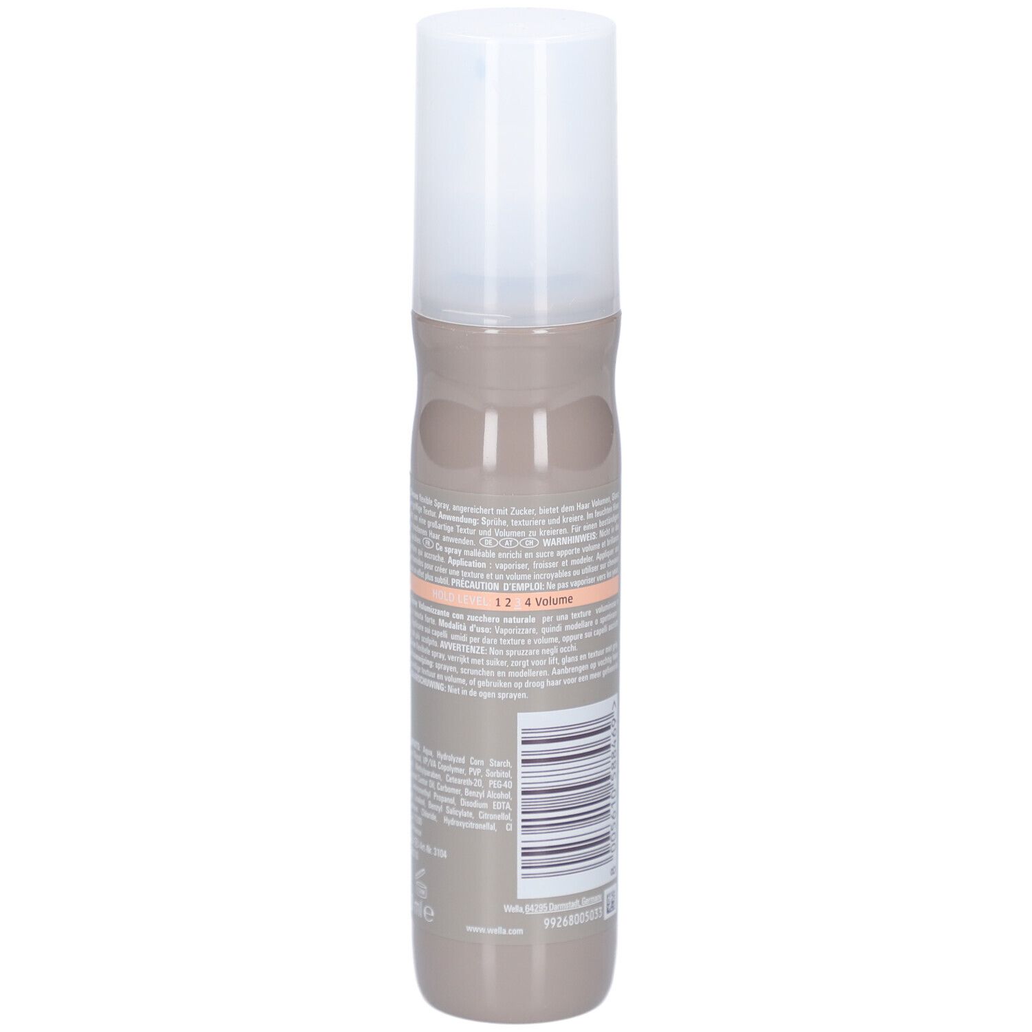 Dos du flacon de spray capillaire. Texte et code-barres. Inscription: Wella EIMI Sugar Lift.