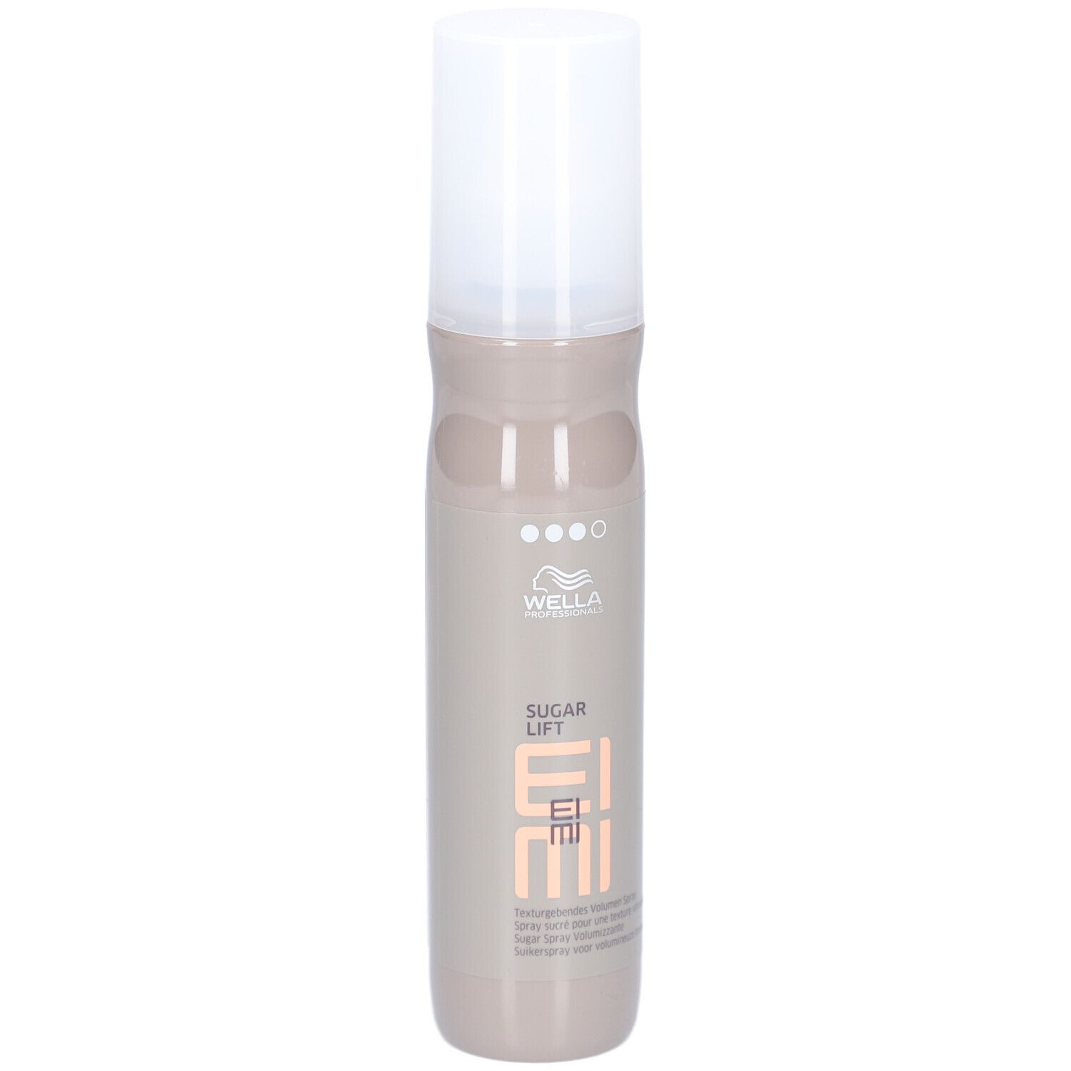 Flacon de spray capillaire avec bouchon blanc. Inscription: Wella EIMI Sugar Lift.