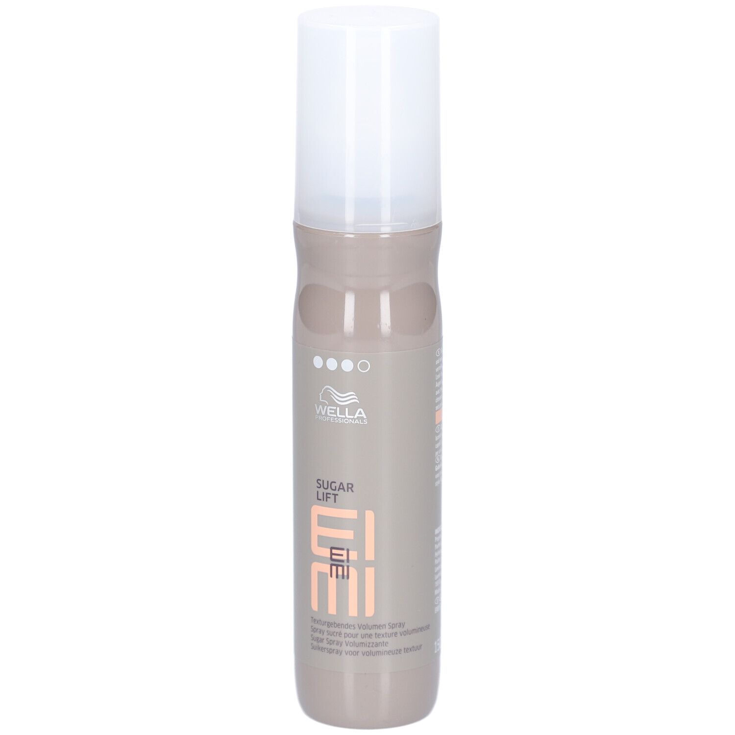 Flacon de spray capillaire avec bouchon blanc. Inscription: Wella EIMI Sugar Lift.
