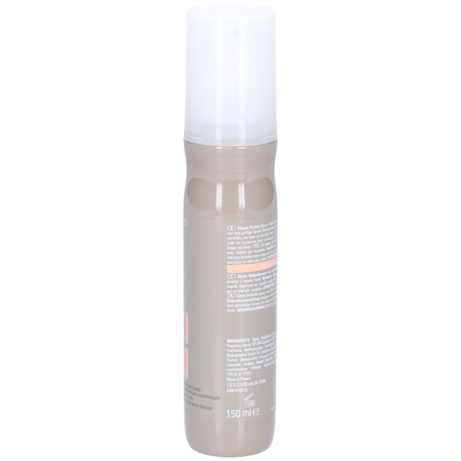 Dos du flacon de spray capillaire. Texte et code-barres. Inscription: Wella EIMI Sugar Lift, 150 ml.