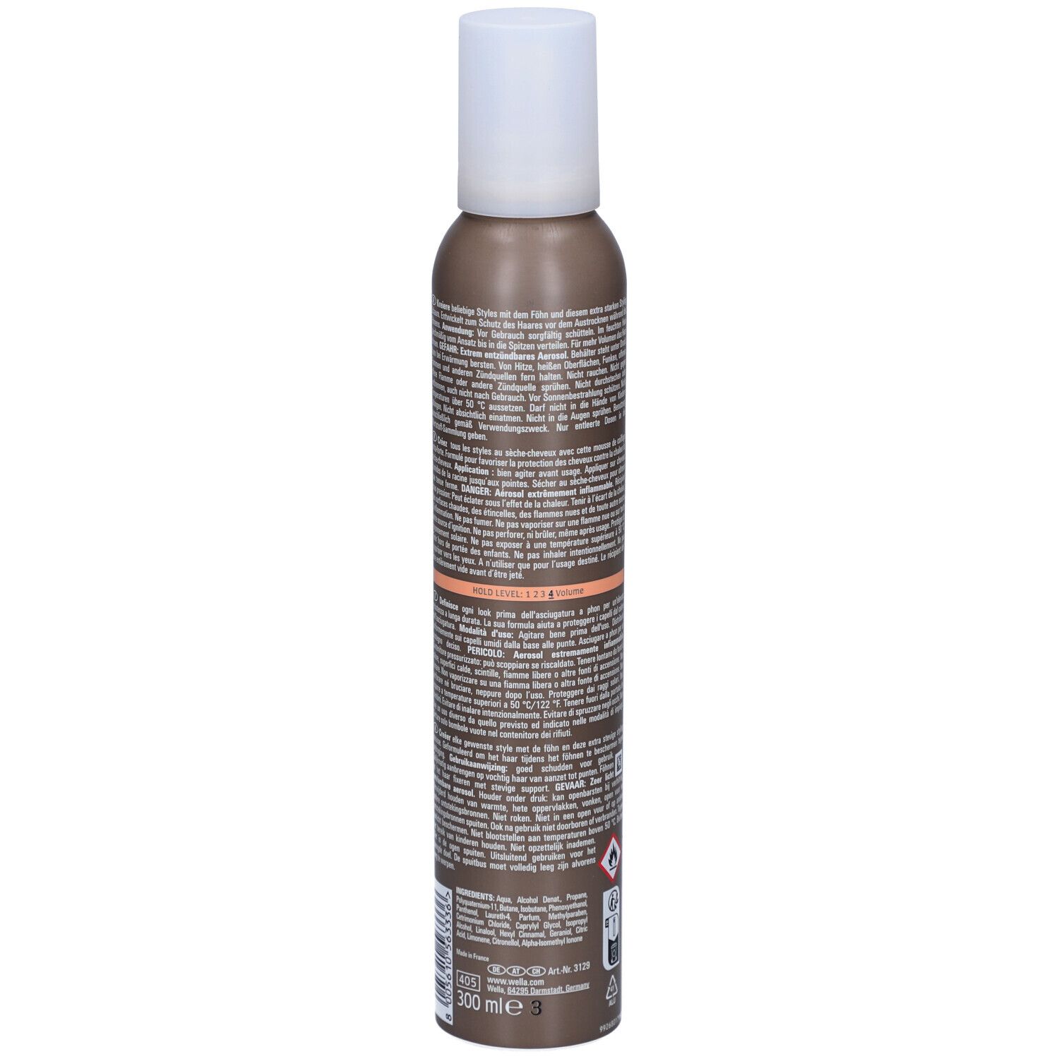 Flacon spray marron avec bouchon blanc. Texte et avertissements sur le côté.