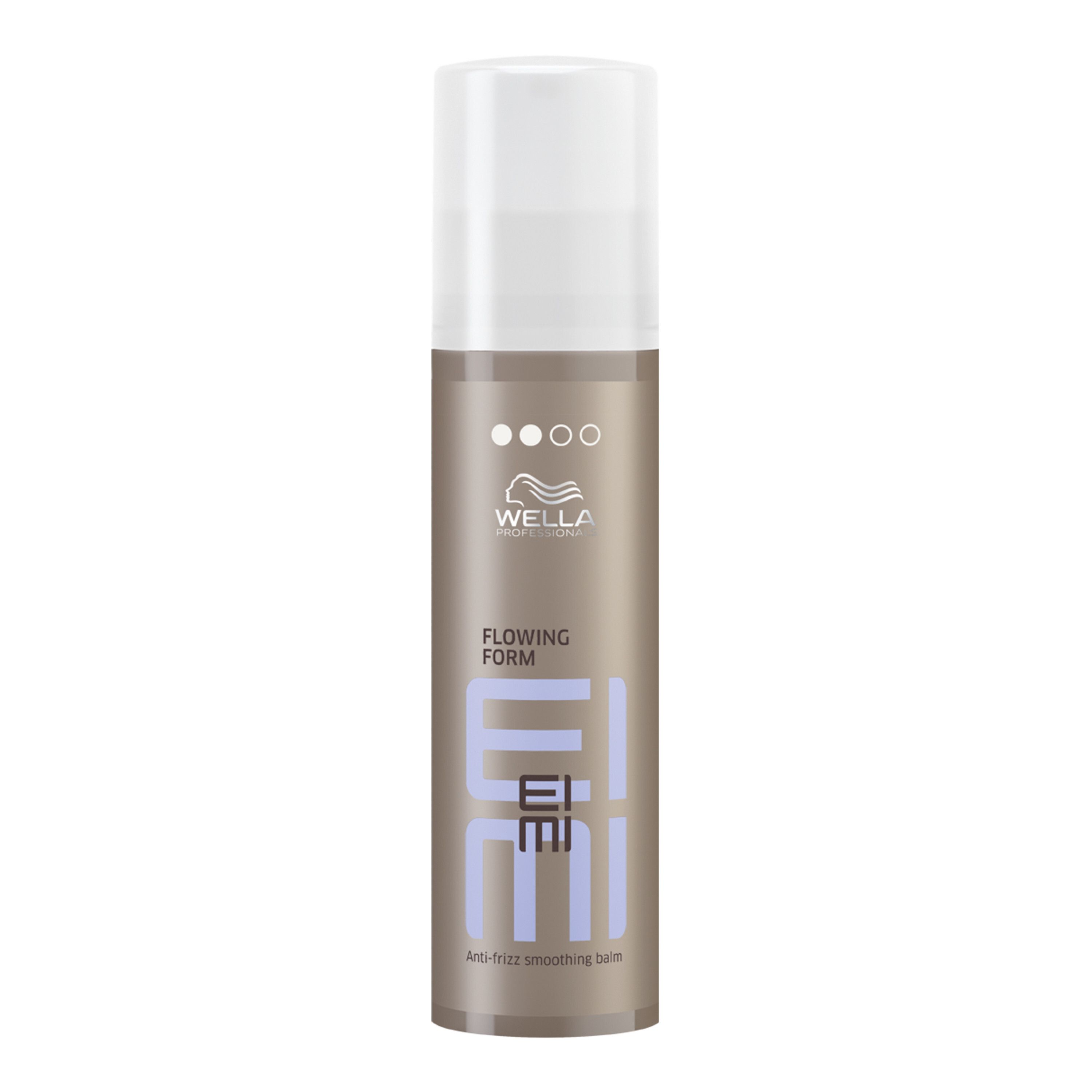 Flacon cylindrique à bouchon blanc. Inscription: EIMI Flowing Form. Marque: Wella Professionals.