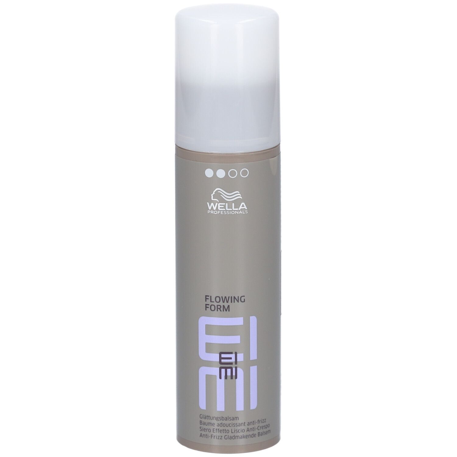 Flacon cylindrique à bouchon blanc. Inscription: EIMI Flowing Form. Marque: Wella Professionals.