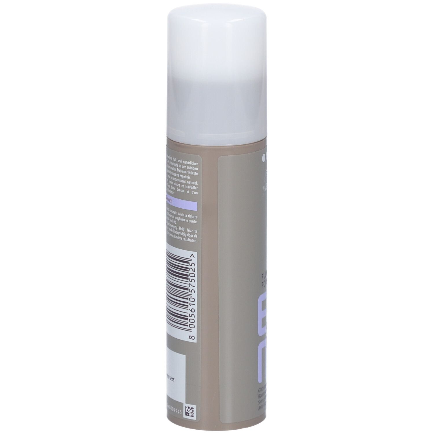 Dos du flacon. Texte et code-barres. Marque: Wella Professionals. Produit: EIMI Flowing Form.