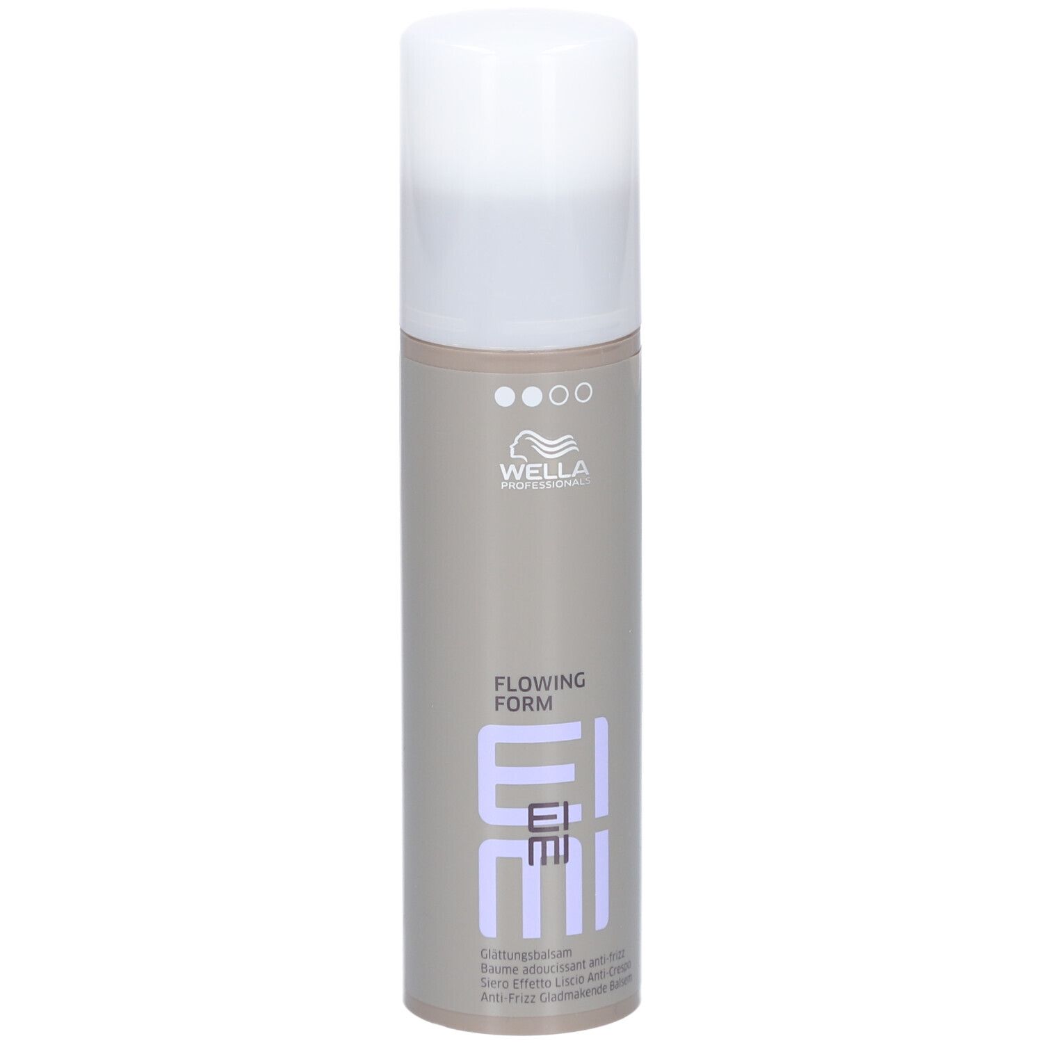 Flacon cylindrique à bouchon blanc. Inscription: EIMI Flowing Form. Marque: Wella Professionals.