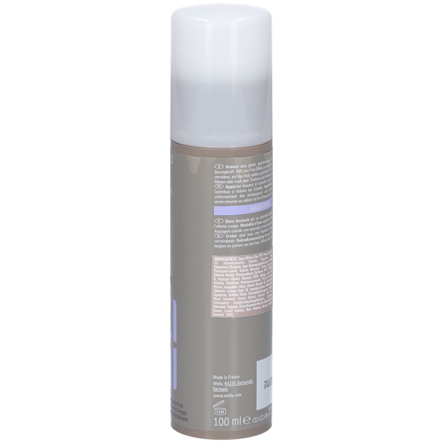 Dos du flacon. Texte et code-barres. Marque: Wella Professionals. Produit: EIMI Flowing Form.