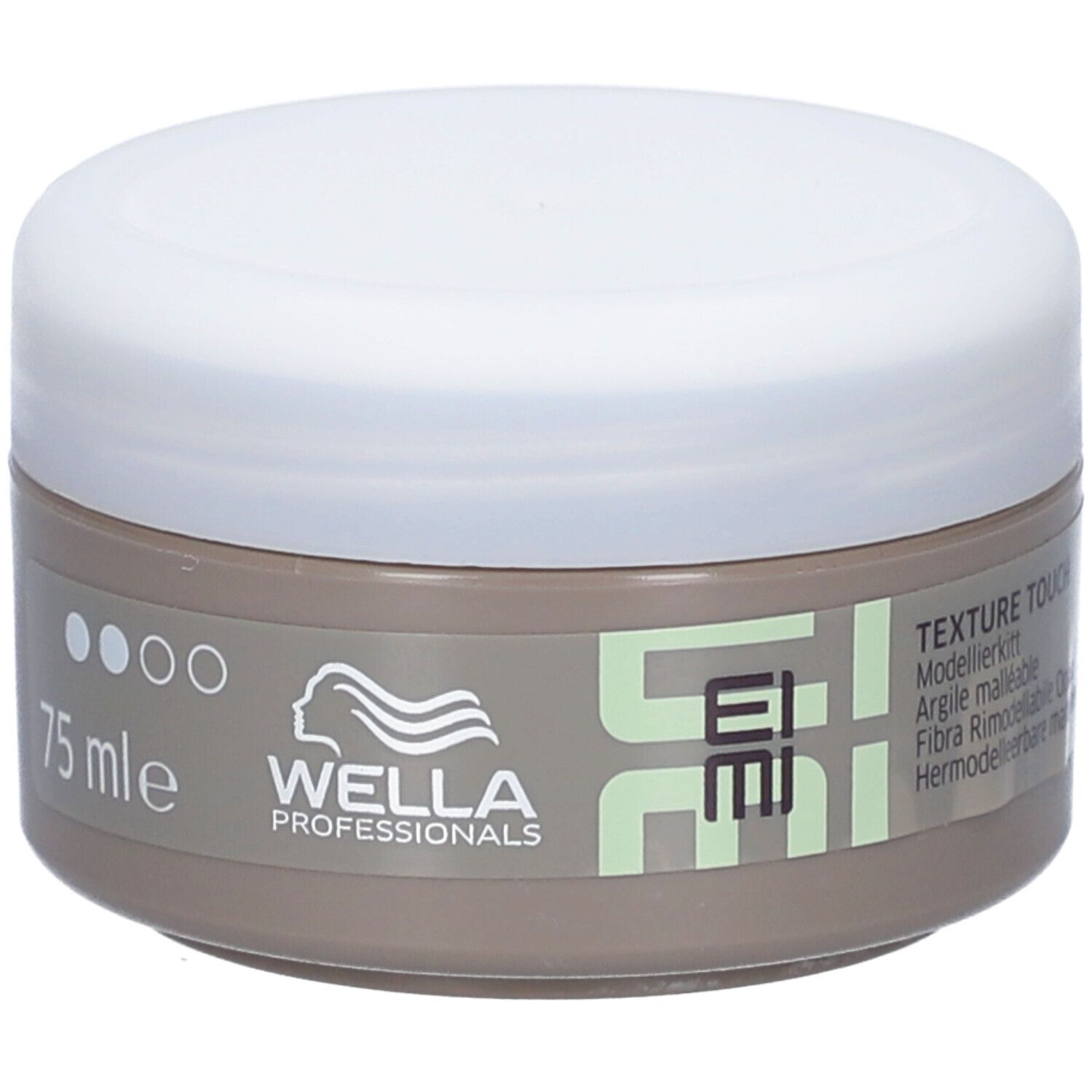 Pot rond avec couvercle blanc. Inscription : EIMI, Wella Professionals, 75 ml. Texture Touch.