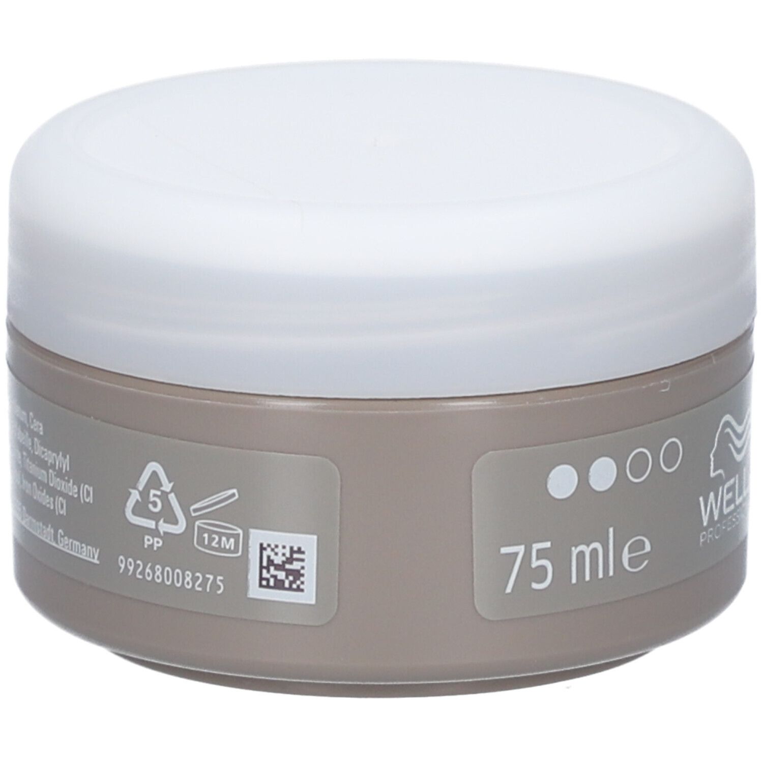 Pot rond avec couvercle blanc. Inscription : 75 ml, Wella Professionals. Symbole de recyclage, 12M.