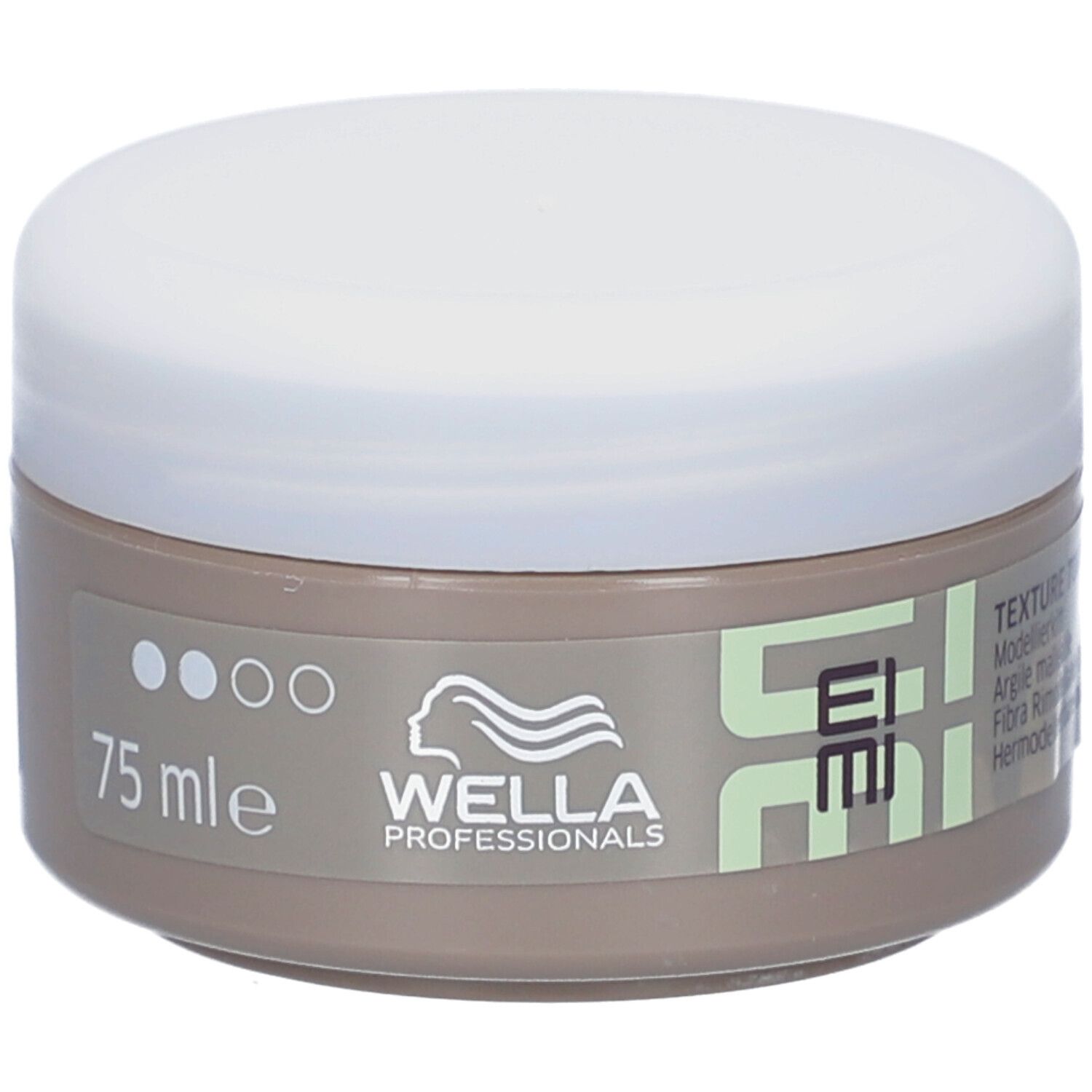 Pot rond avec couvercle blanc. Inscription : EIMI, Wella Professionals, 75 ml. Texture Touch.