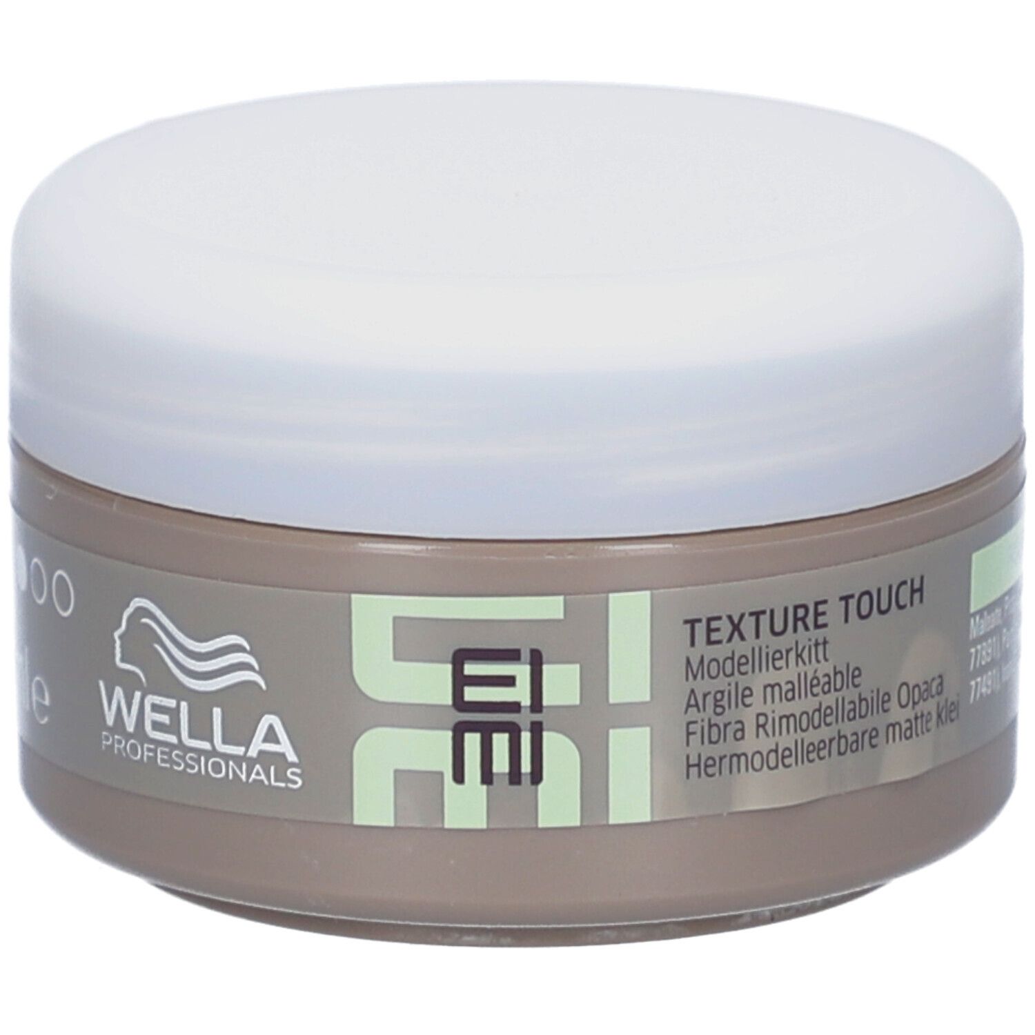 Pot rond avec couvercle blanc. Inscription : EIMI, Texture Touch, Modellierkitt, 75 ml.