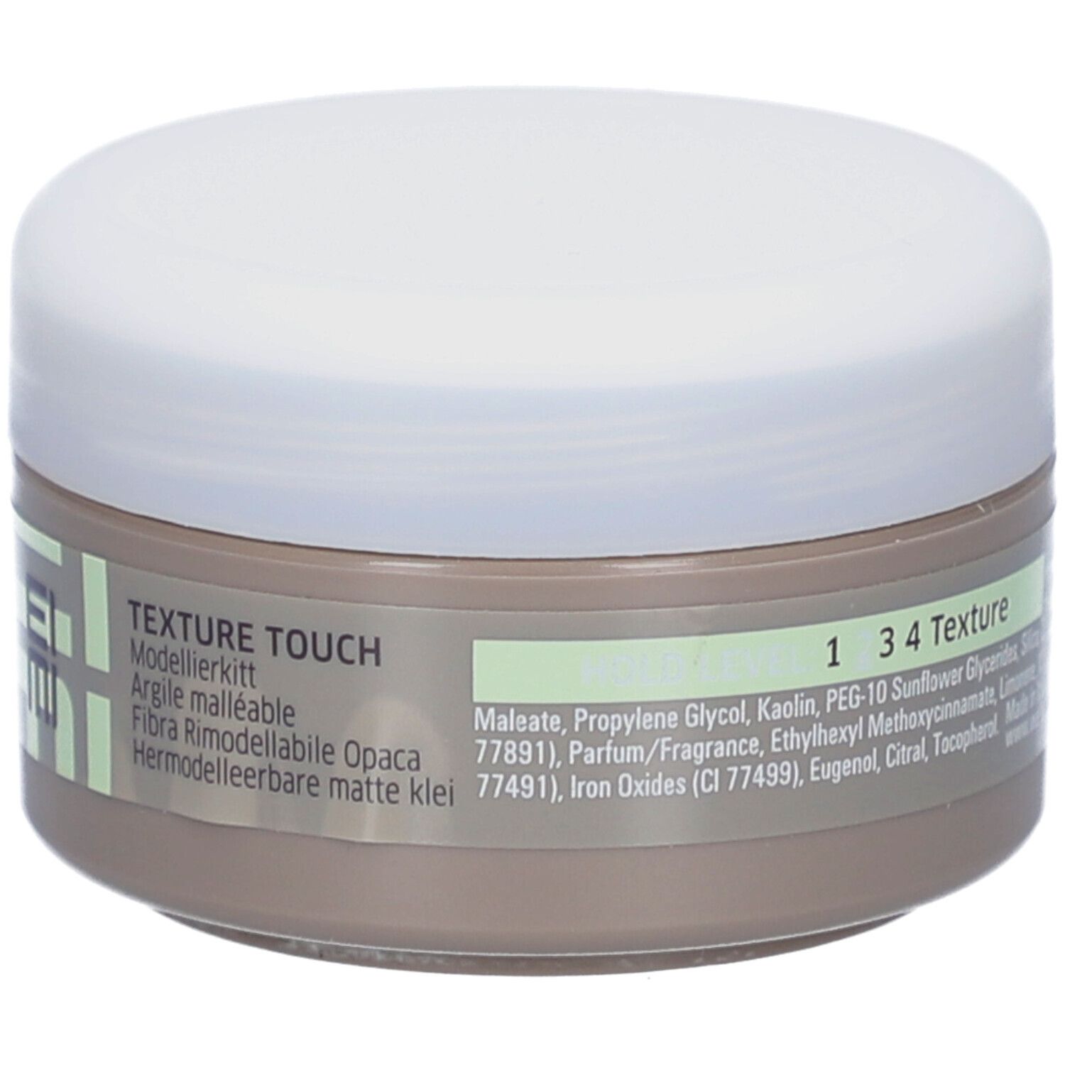 Pot rond avec couvercle blanc. Inscription : EIMI, Texture Touch, 1 3 4 Texture, Ingrédients.
