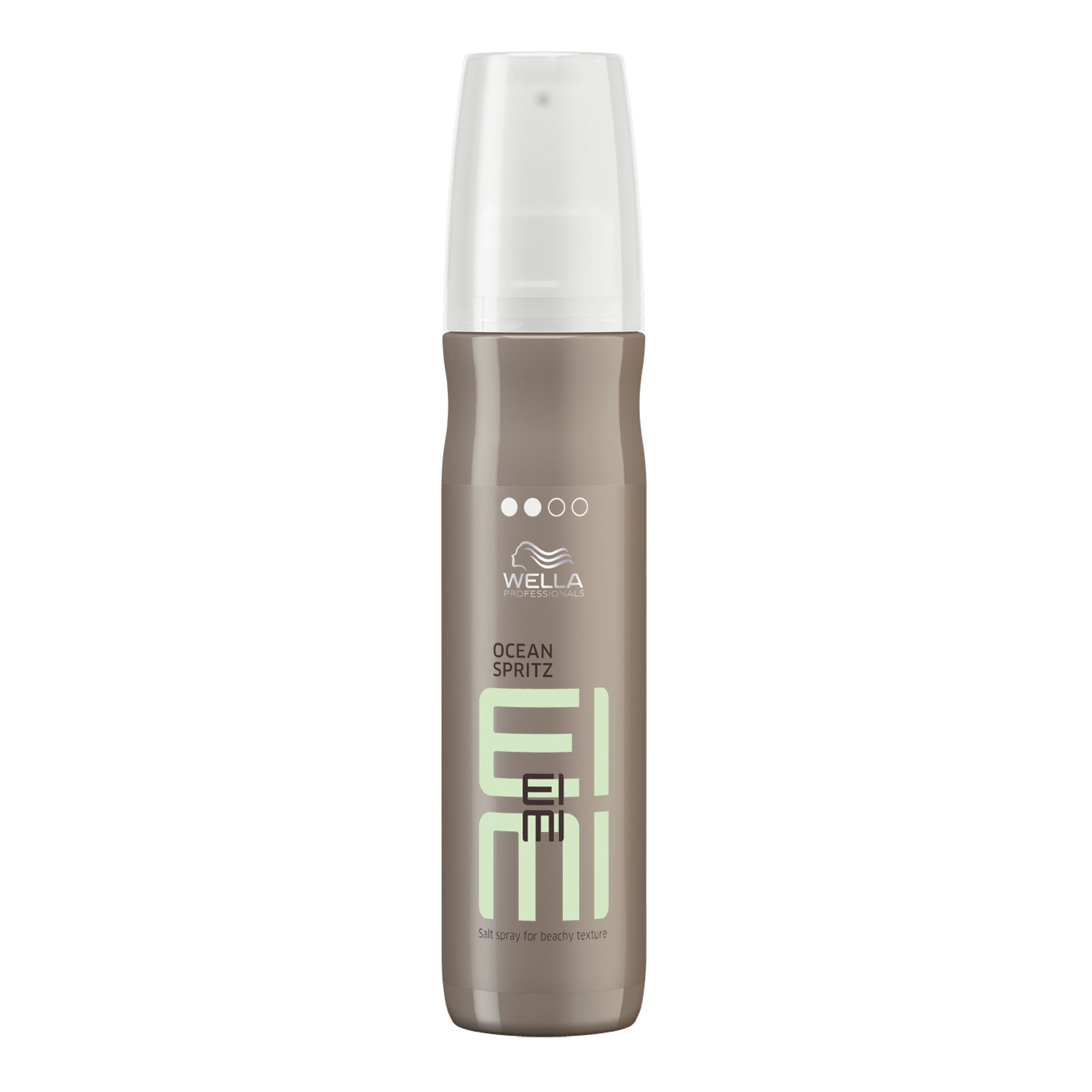 Flacon cylindrique avec bouchon blanc. Inscription : Wella Professionals, EIMI, OCEAN SPRITZ.