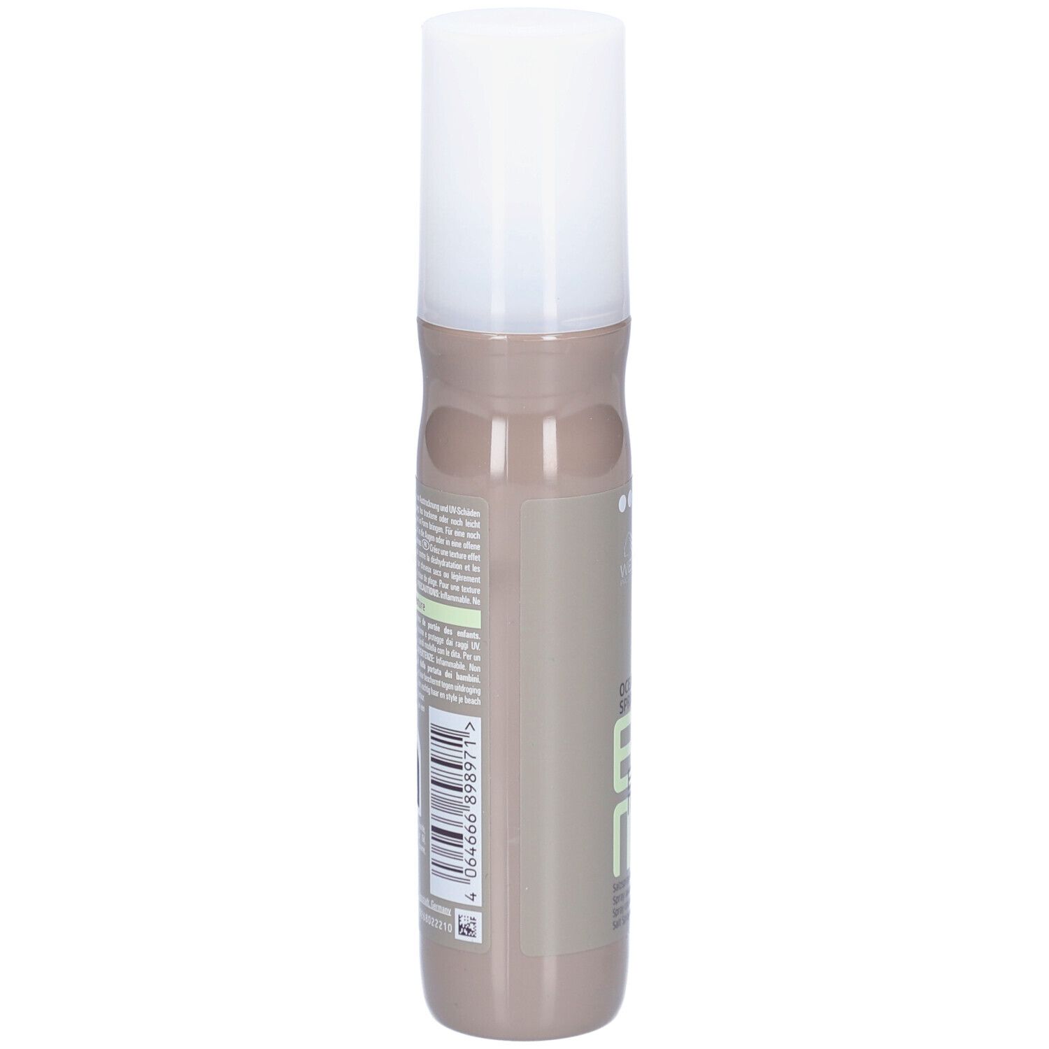 Flacon cylindrique, dos avec texte et code-barres. Bouchon blanc. Inscription : EIMI.