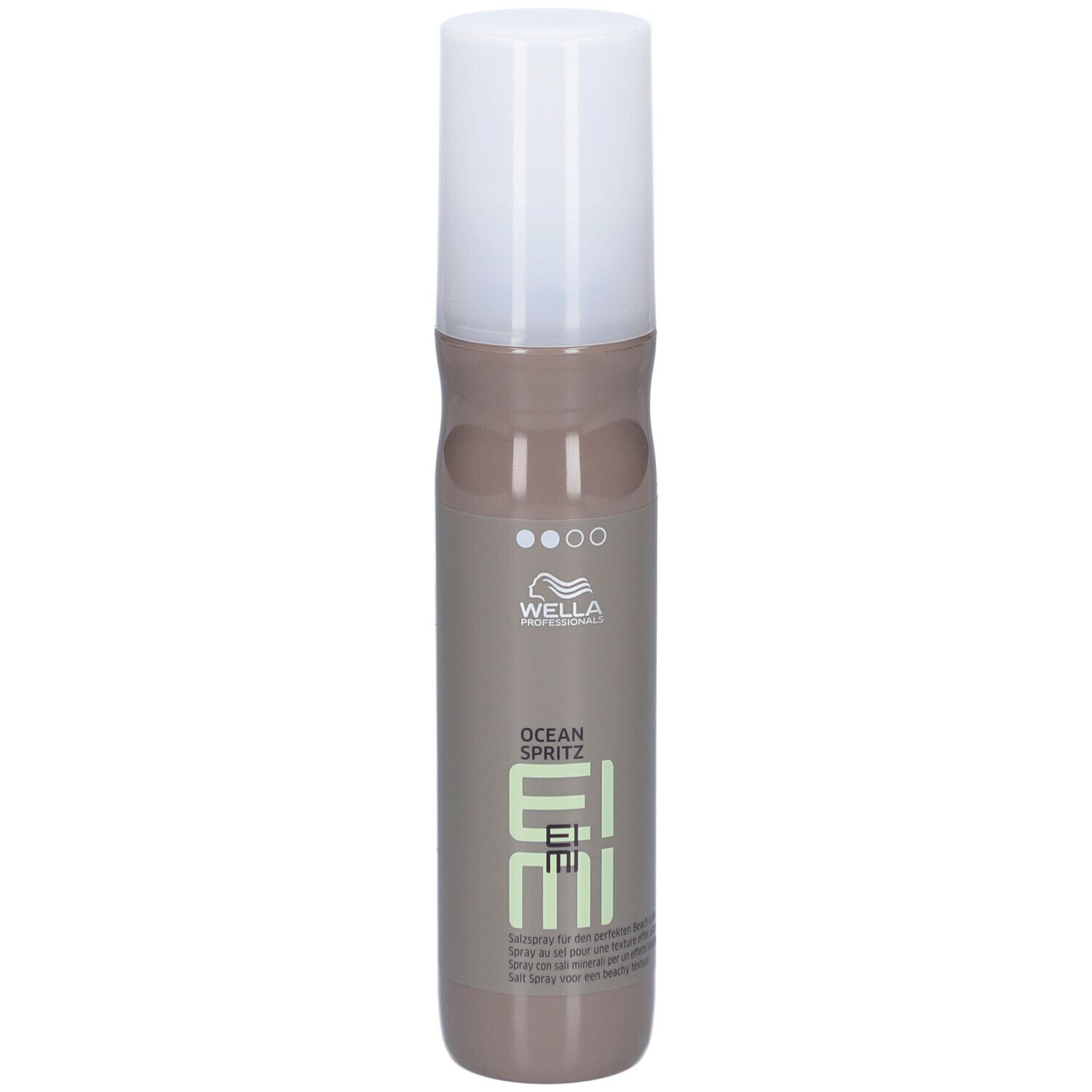 Flacon cylindrique avec bouchon blanc. Inscription : Wella Professionals, EIMI, OCEAN SPRITZ.