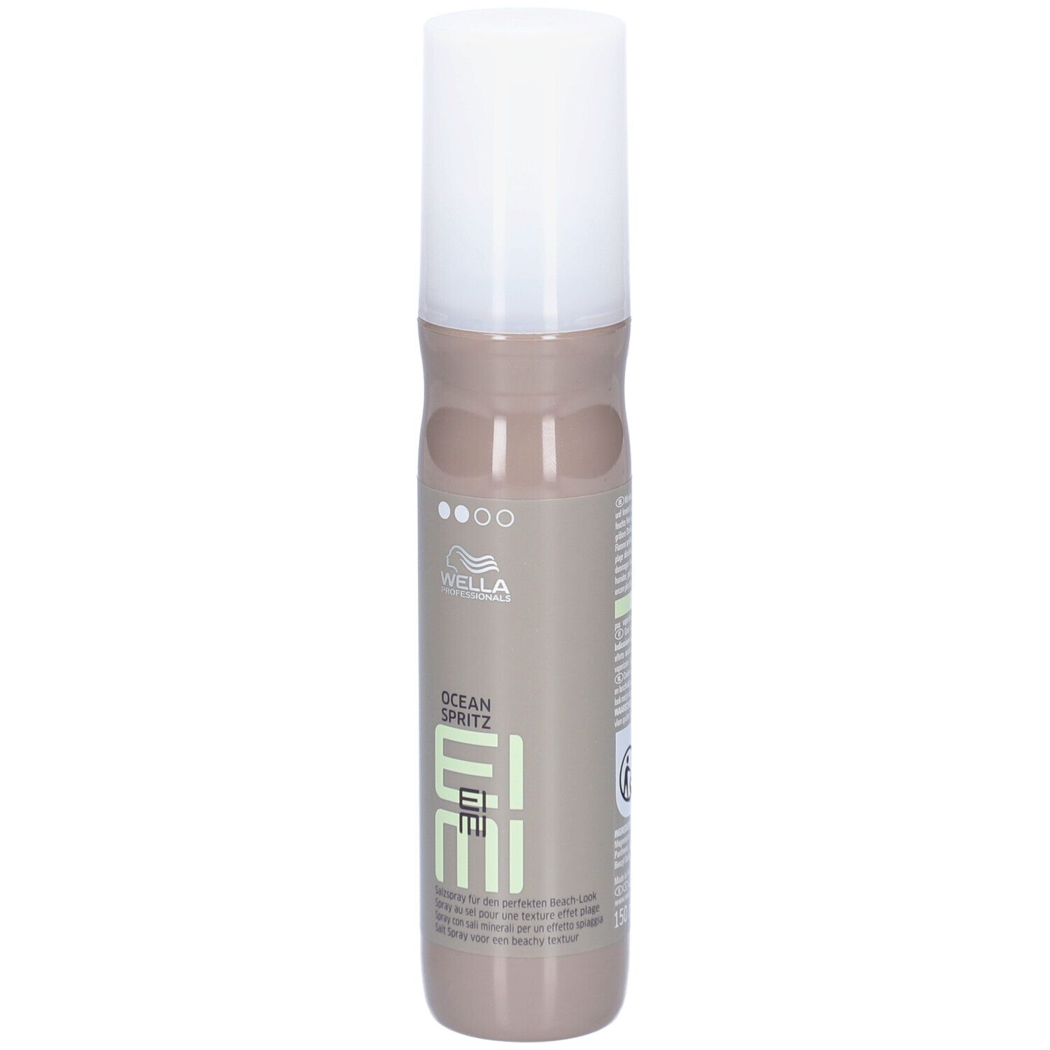 Flacon cylindrique avec bouchon blanc. Inscription : Wella Professionals, EIMI, OCEAN SPRITZ.