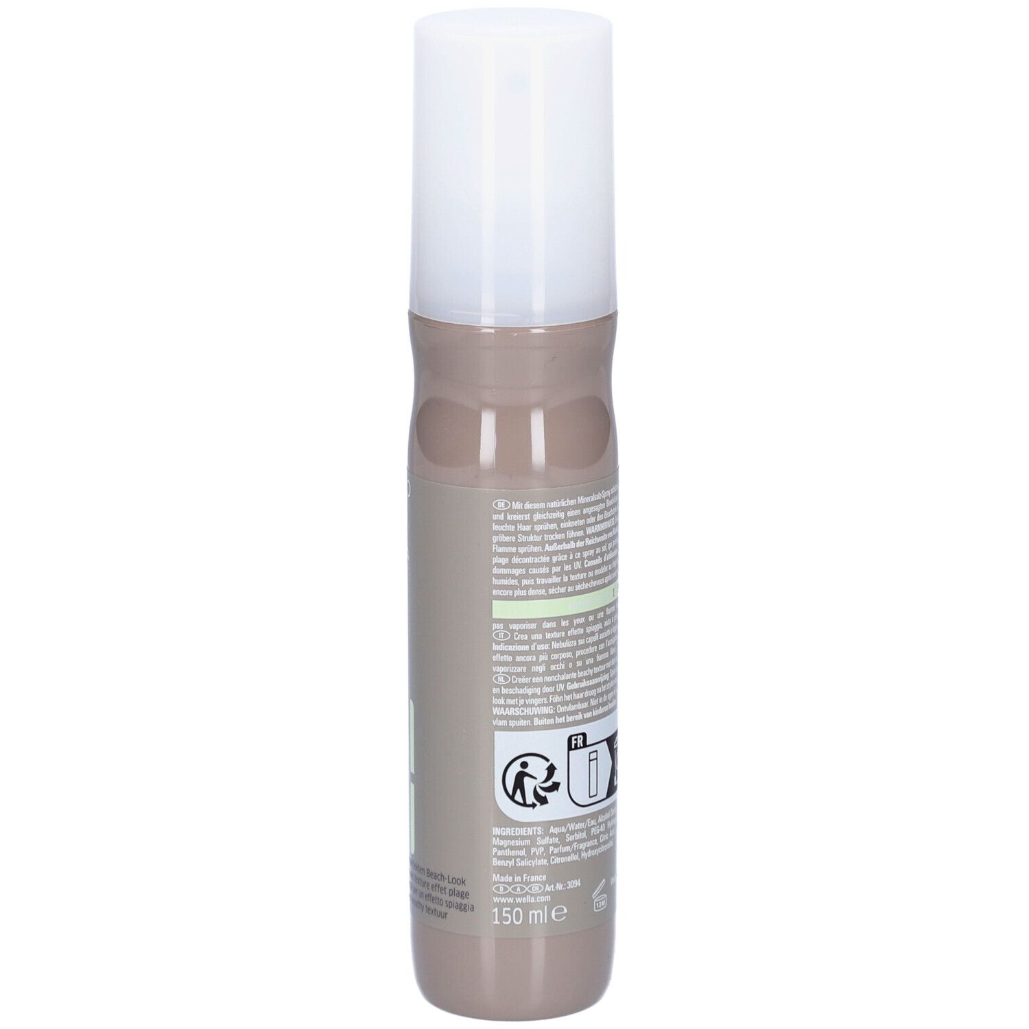 Flacon cylindrique avec bouchon blanc. Inscription : Wella Professionals, EIMI, OCEAN SPRITZ, 150 ml.