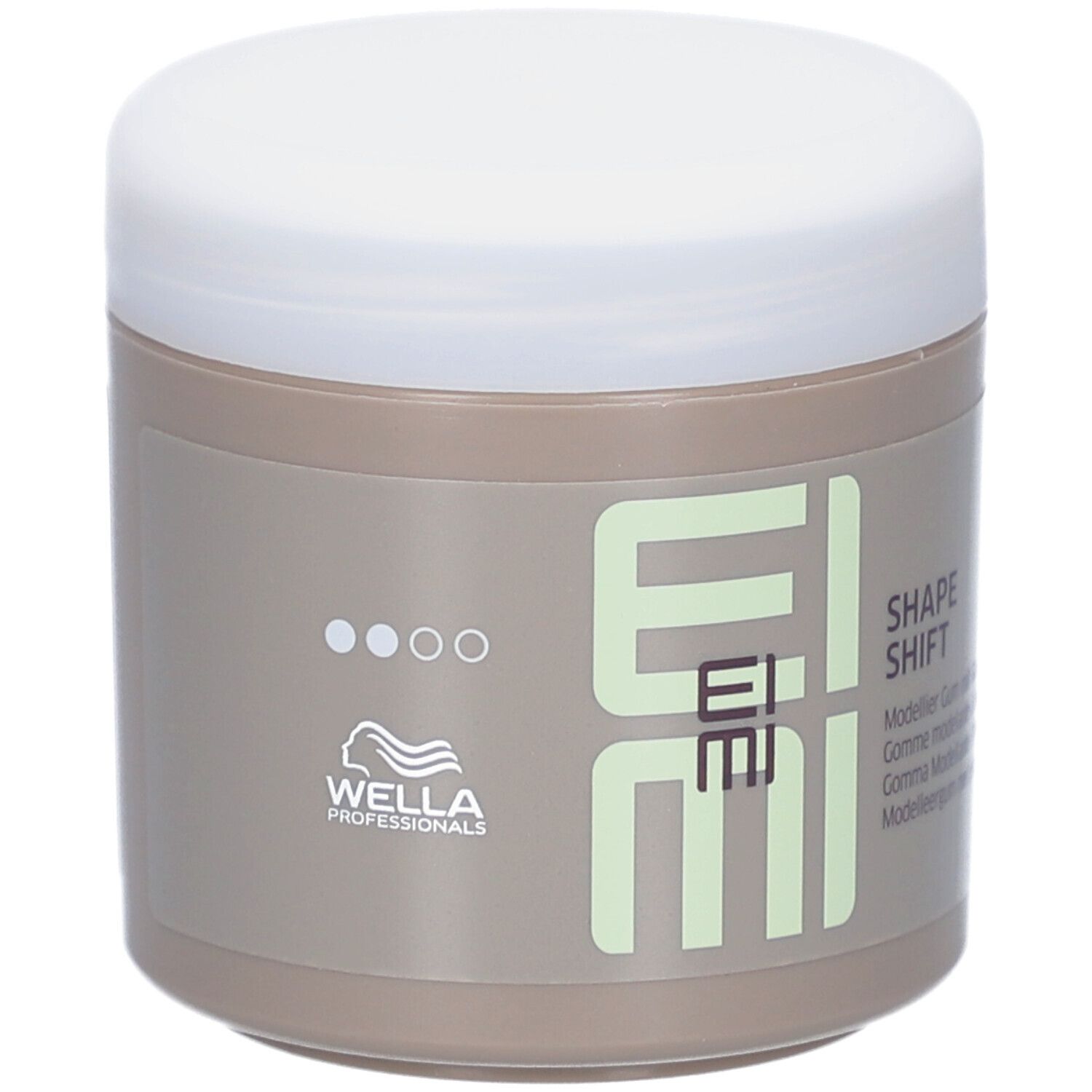 Pot beige avec couvercle blanc. Inscription EIMI Shape Shift. Logo Wella Professionals.