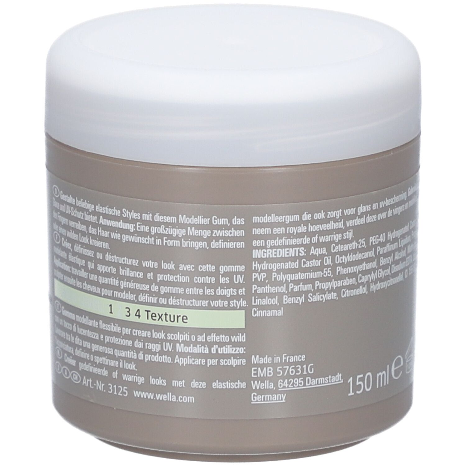 Dos du pot. Texte avec ingrédients et mode d'emploi. 150 ml.