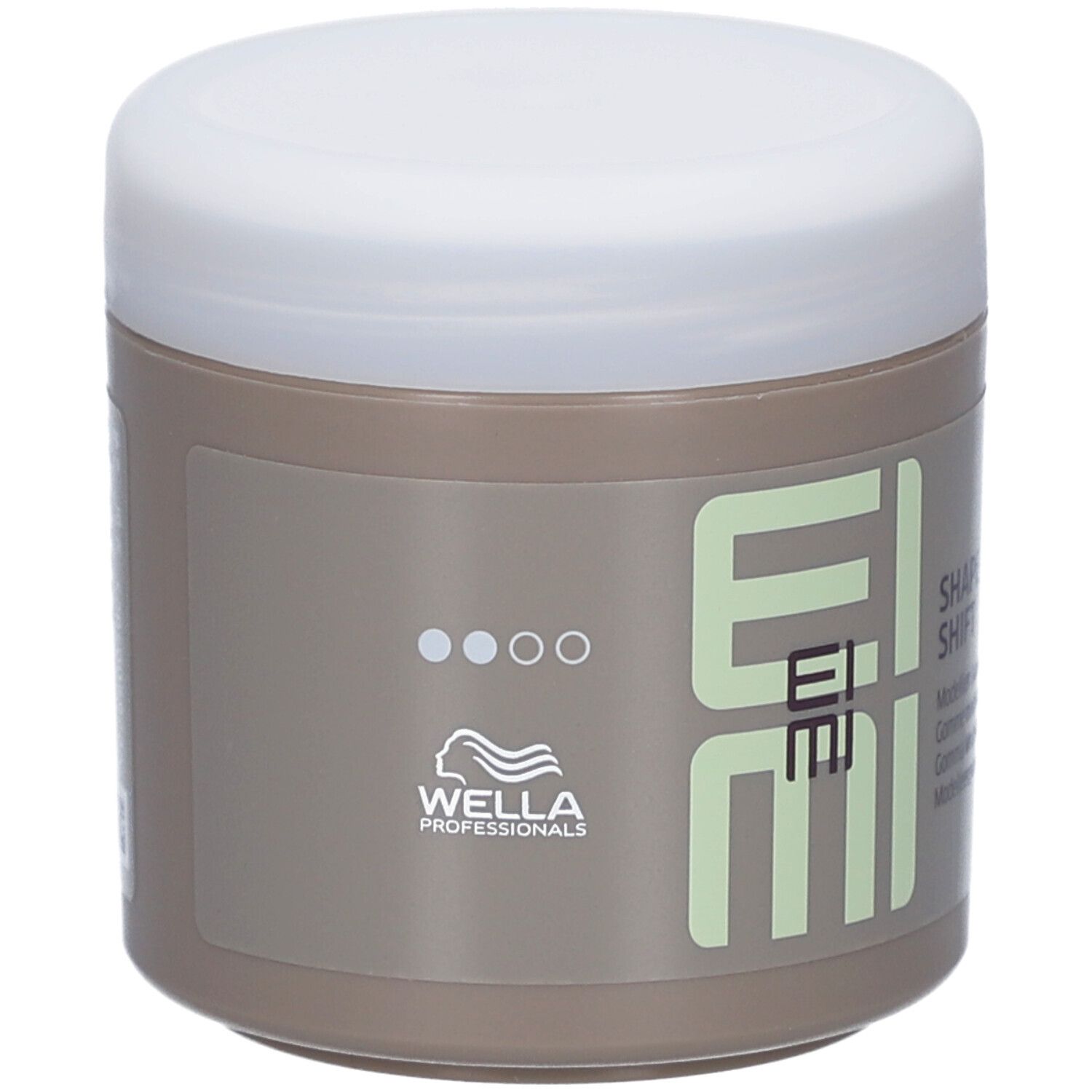 Pot beige avec couvercle blanc. Inscription EIMI Shape Shift. Logo Wella Professionals.