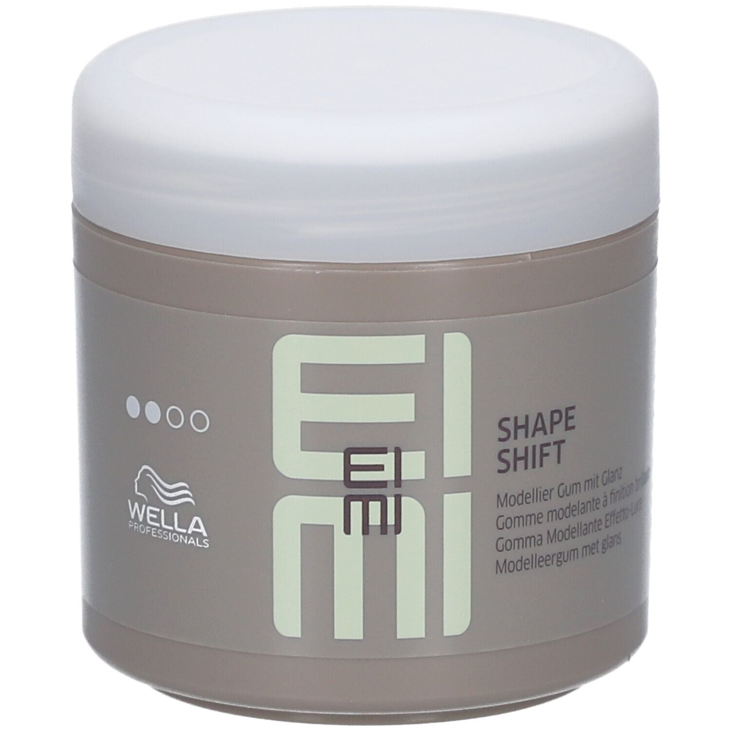 Pot beige avec couvercle blanc. Inscription EIMI Shape Shift. Logo Wella Professionals.