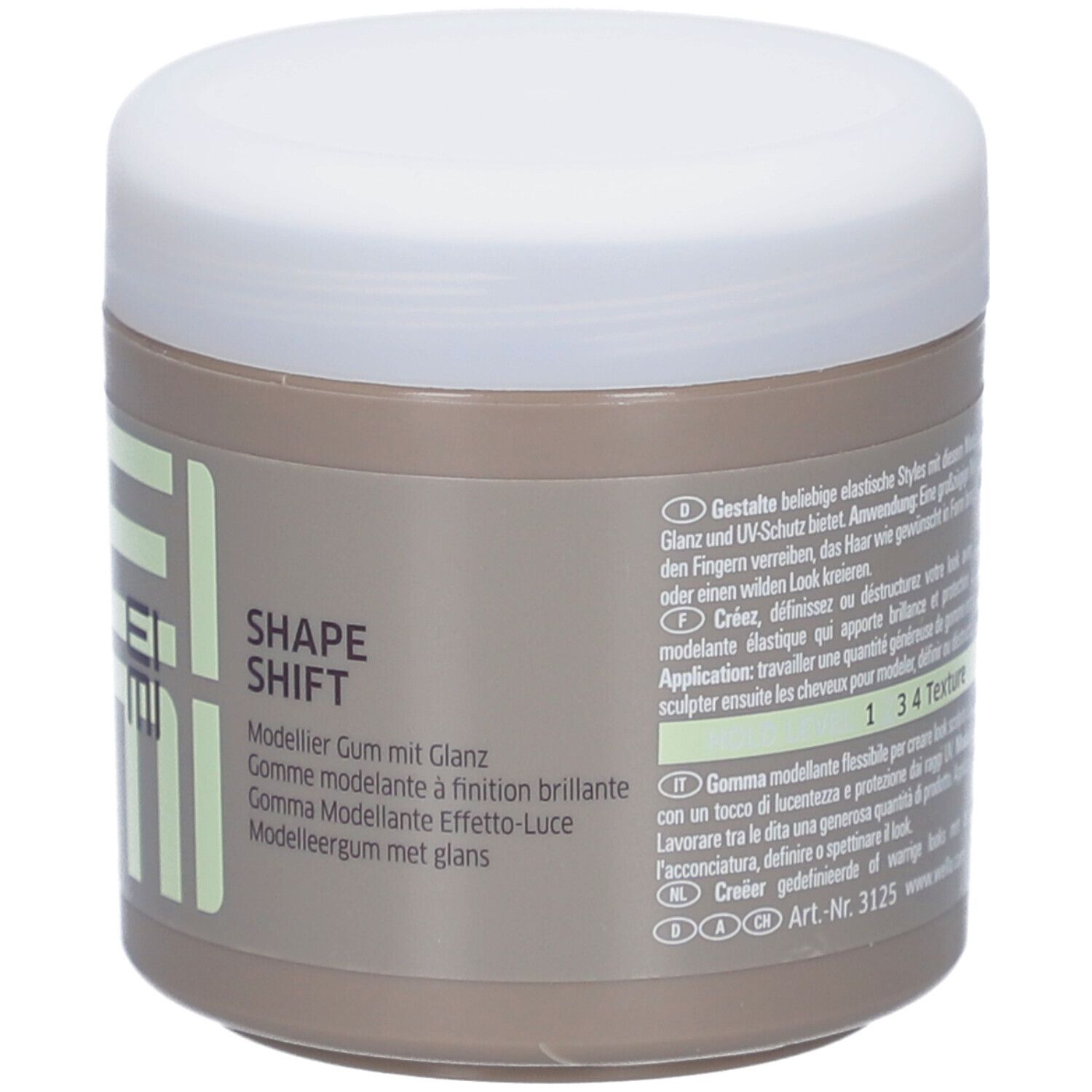 Pot beige avec couvercle blanc. Inscription EIMI Shape Shift. Logo Wella Professionals.