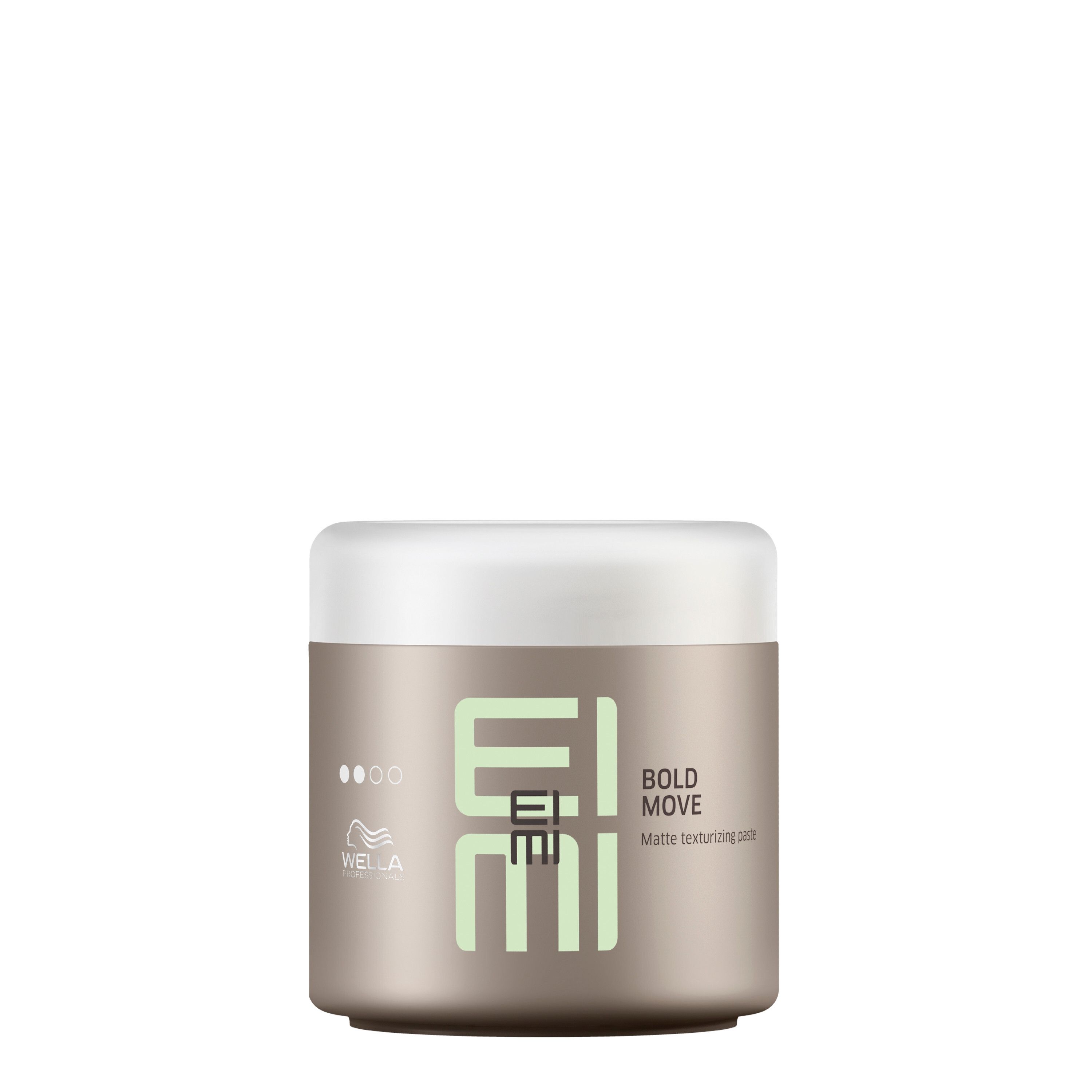 Pot beige à couvercle blanc. Inscription EIMI, BOLD MOVE, Matte Texturpaste. Marque Wella Professionals.