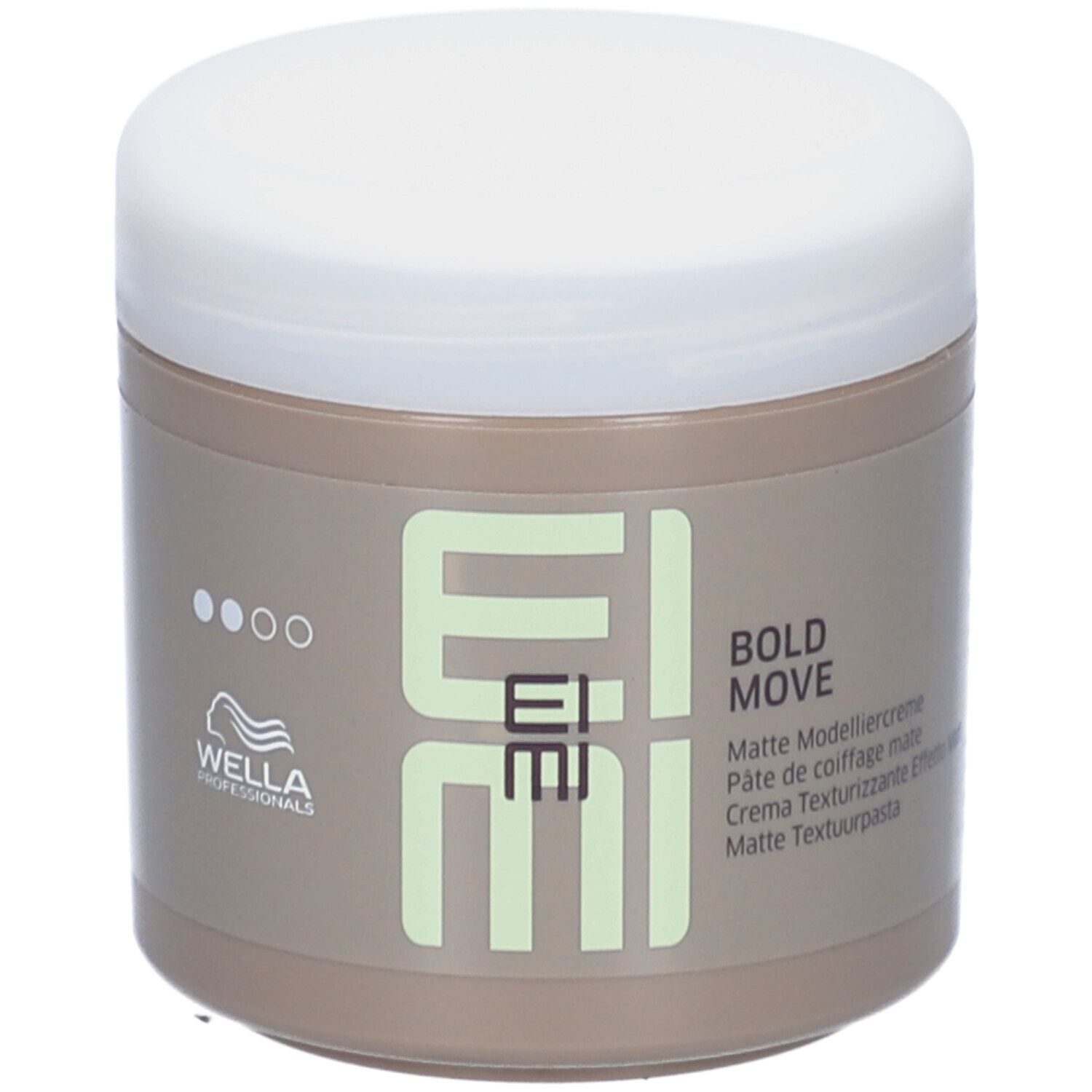 Pot beige à couvercle blanc. Inscription EIMI, BOLD MOVE, Matte Modelliercreme. Marque Wella Professionals.