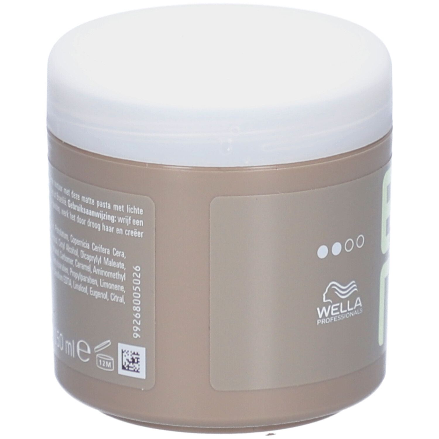 Pot beige à couvercle blanc. Inscription EIMI, BOLD MOVE, Matte Modelliercreme. Dos avec texte et ingrédients.