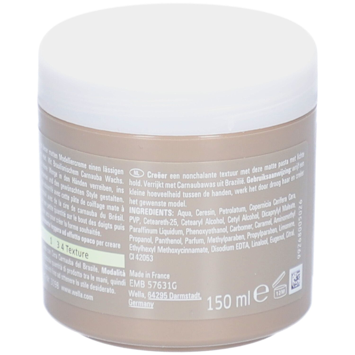 Pot beige à couvercle blanc. Inscription EIMI, BOLD MOVE, Matte Modelliercreme. Dos avec texte et ingrédients.