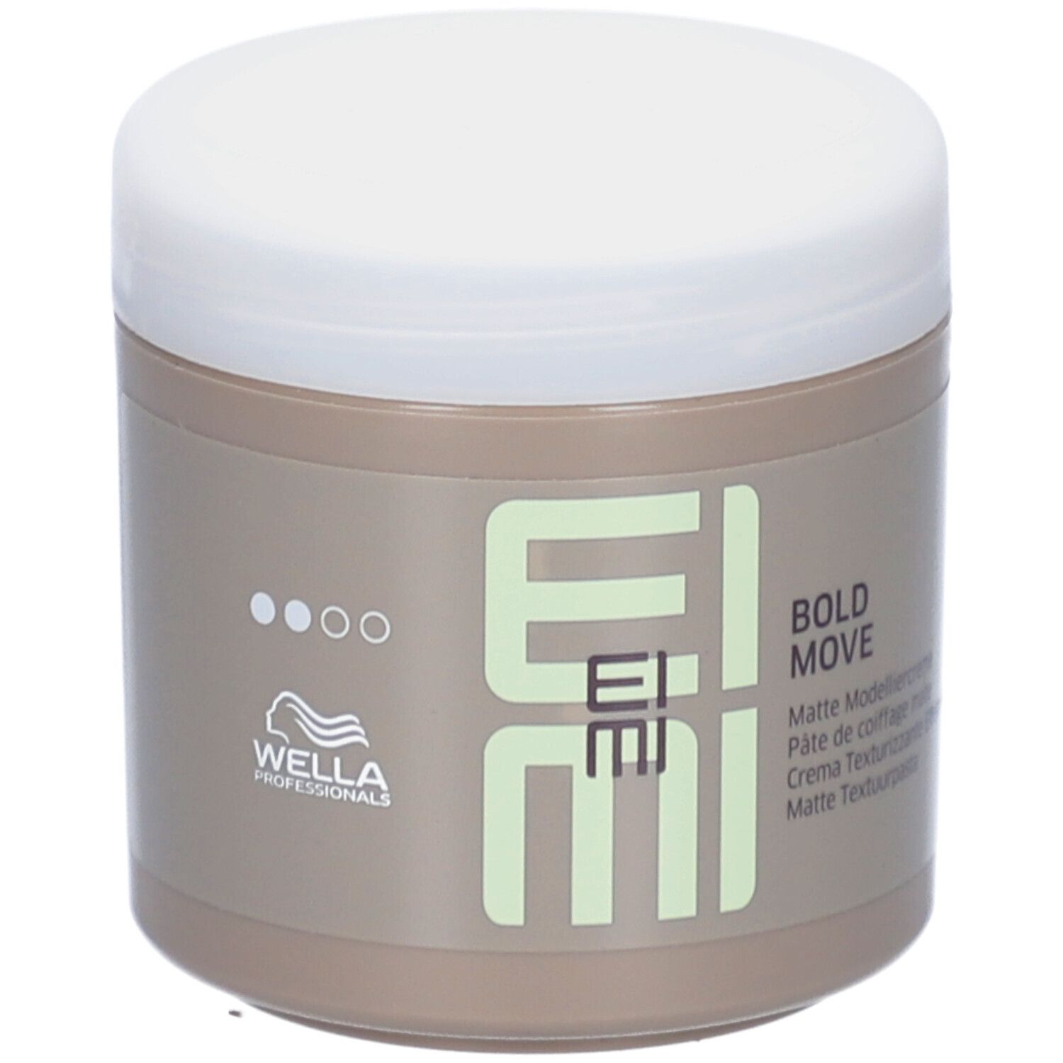 Pot beige à couvercle blanc. Inscription EIMI, BOLD MOVE, Matte Modelliercreme. Marque Wella Professionals.