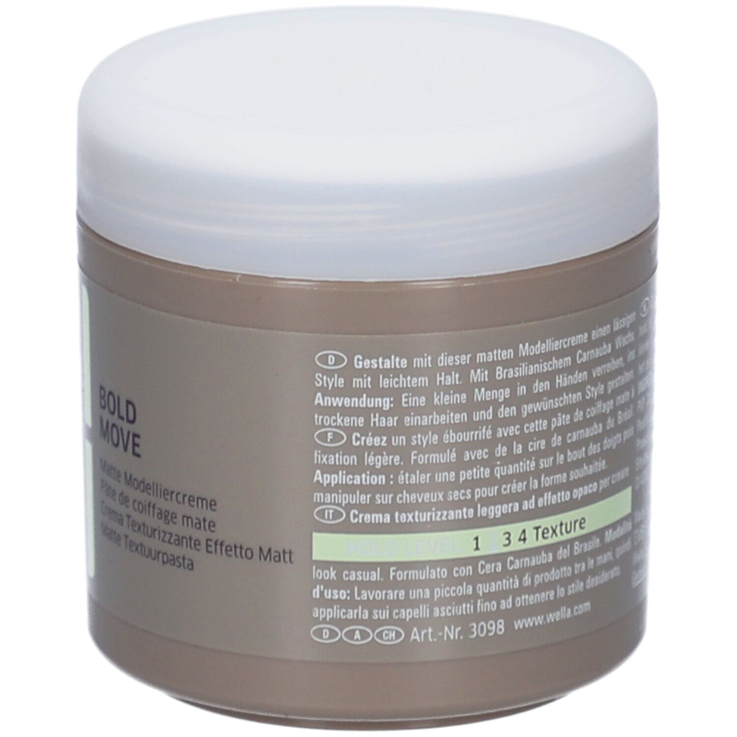 Pot beige à couvercle blanc. Inscription EIMI, BOLD MOVE, Matte Modelliercreme. Dos avec texte.