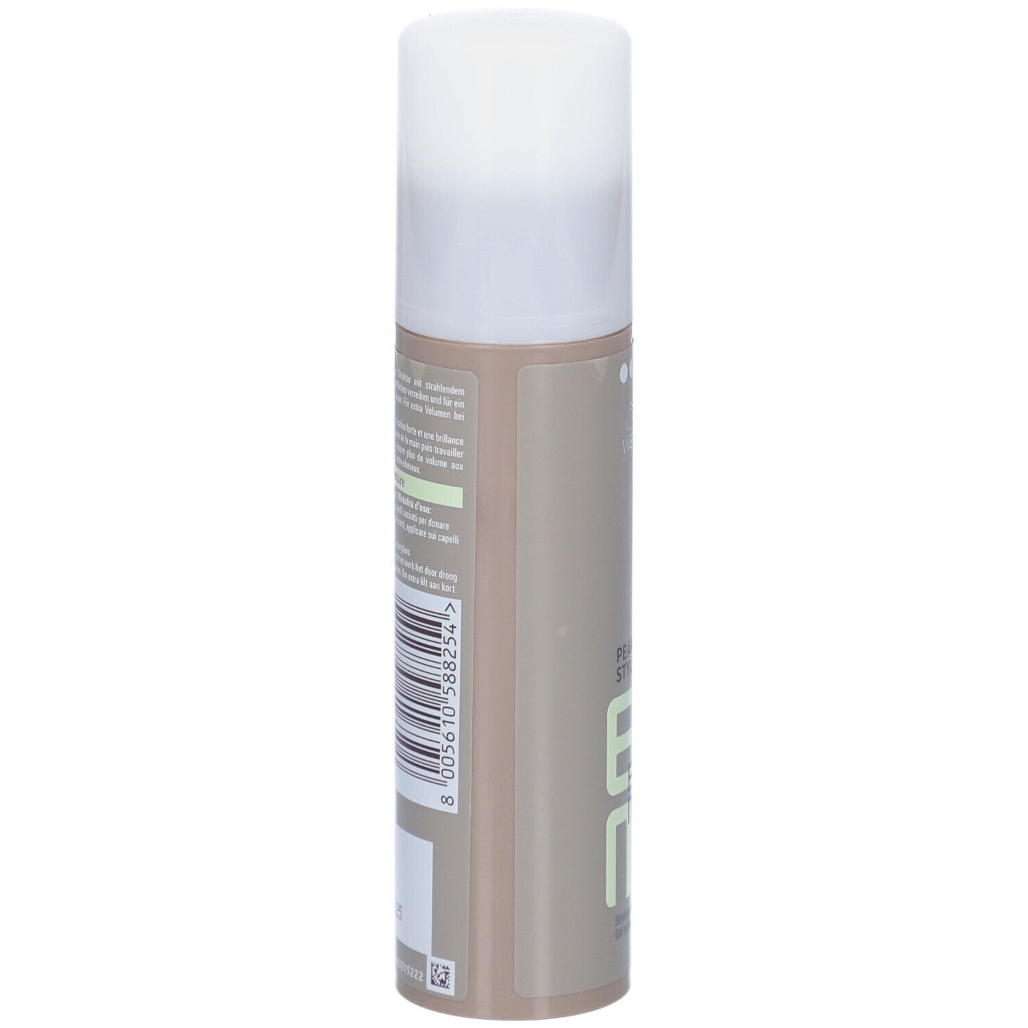Dos du flacon. Texte et code-barres. Couleur : beige, bouchon blanc.