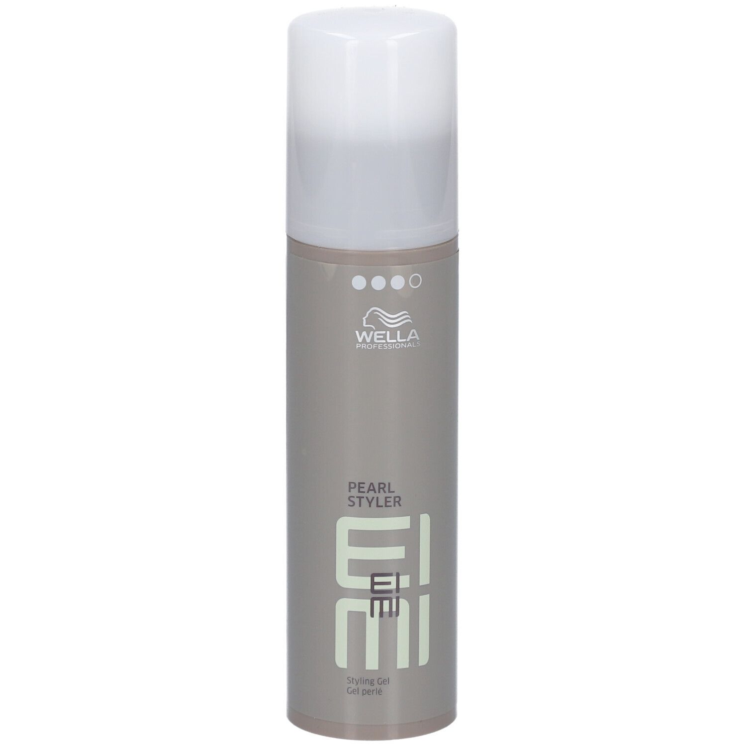Flacon cylindrique avec bouchon blanc. Inscriptions : Wella, EIMI, Pearl Styler, Styling Gel.