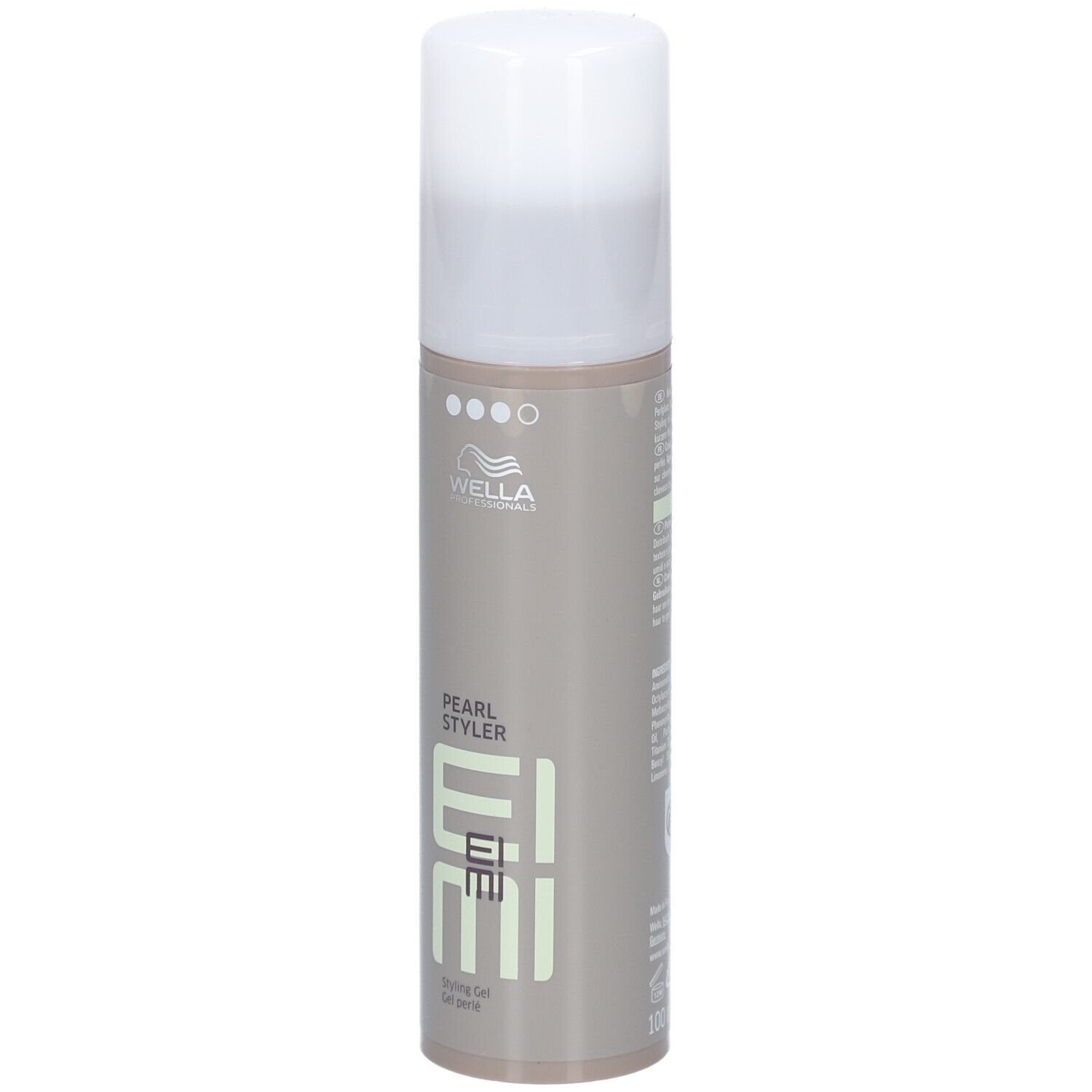 Flacon cylindrique avec bouchon blanc. Inscriptions : Wella, EIMI, Pearl Styler, Styling Gel.