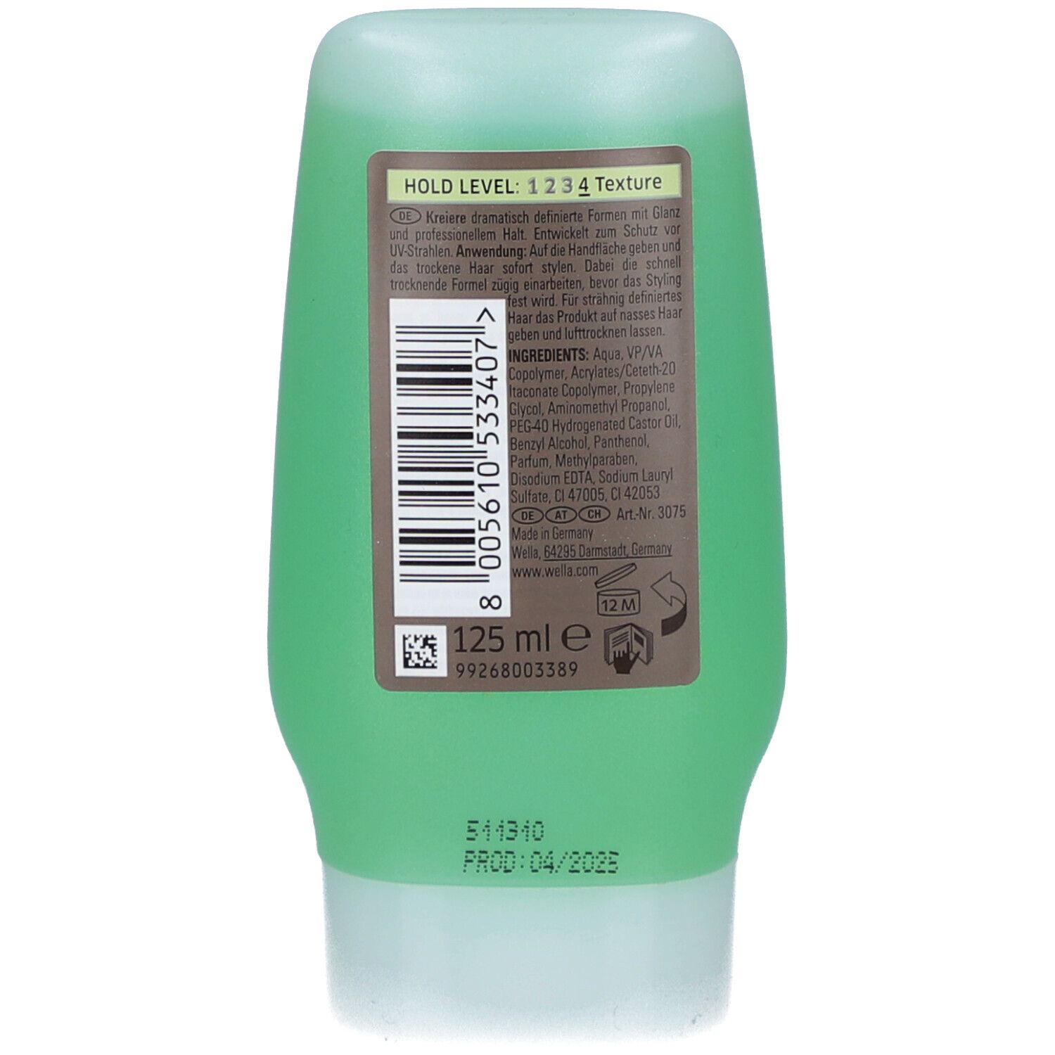 Dos du tube de gel vert. Texte : Hold Level 1 2 3 4 Texture. Ingrédients. 125 ml. Code. Date de péremption : 04/2025.