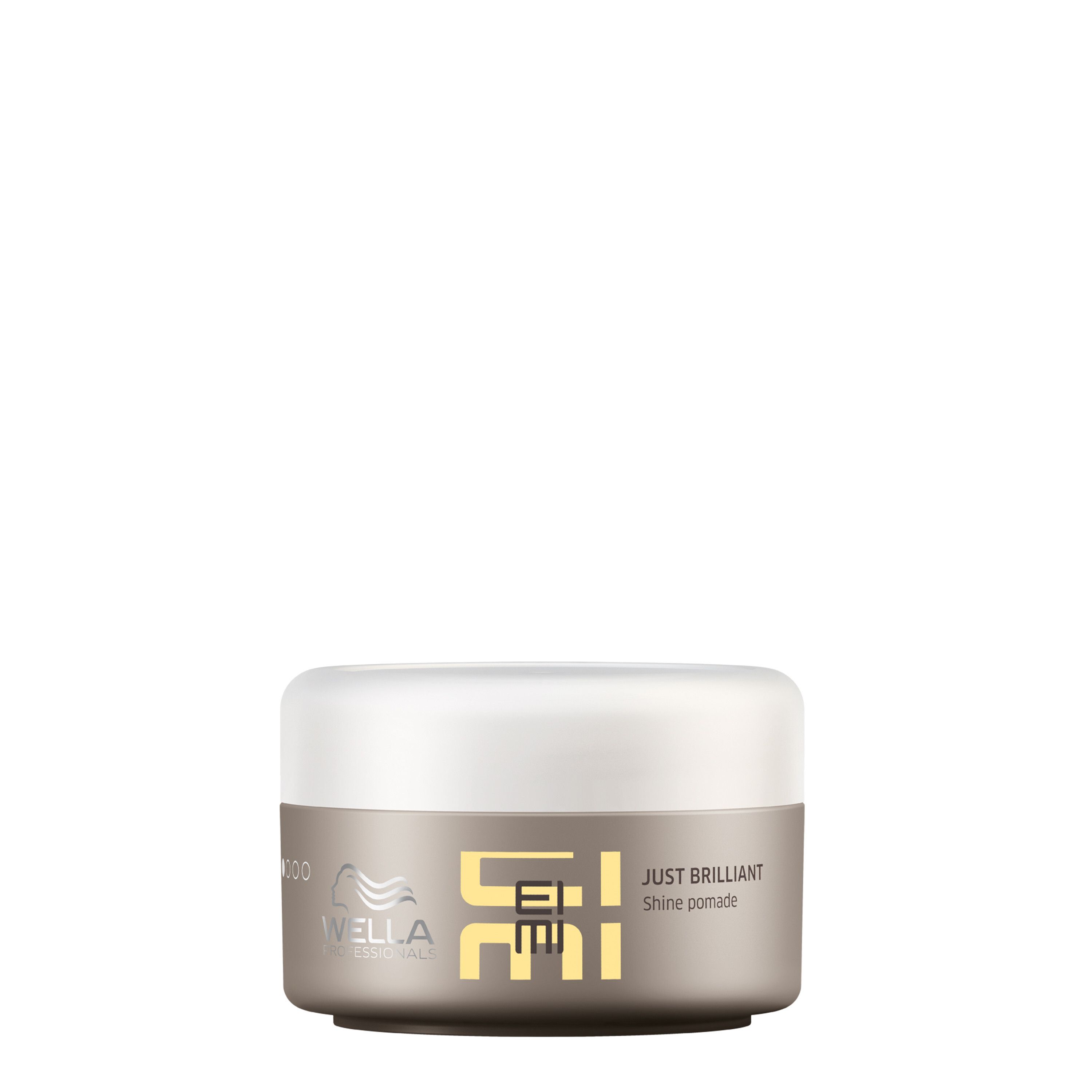 Produit : JUST BRILLIANT Shine Pomade. Logo : WELLA PROFESSIONALS, EIMI. Couvercle blanc, contenant gris.