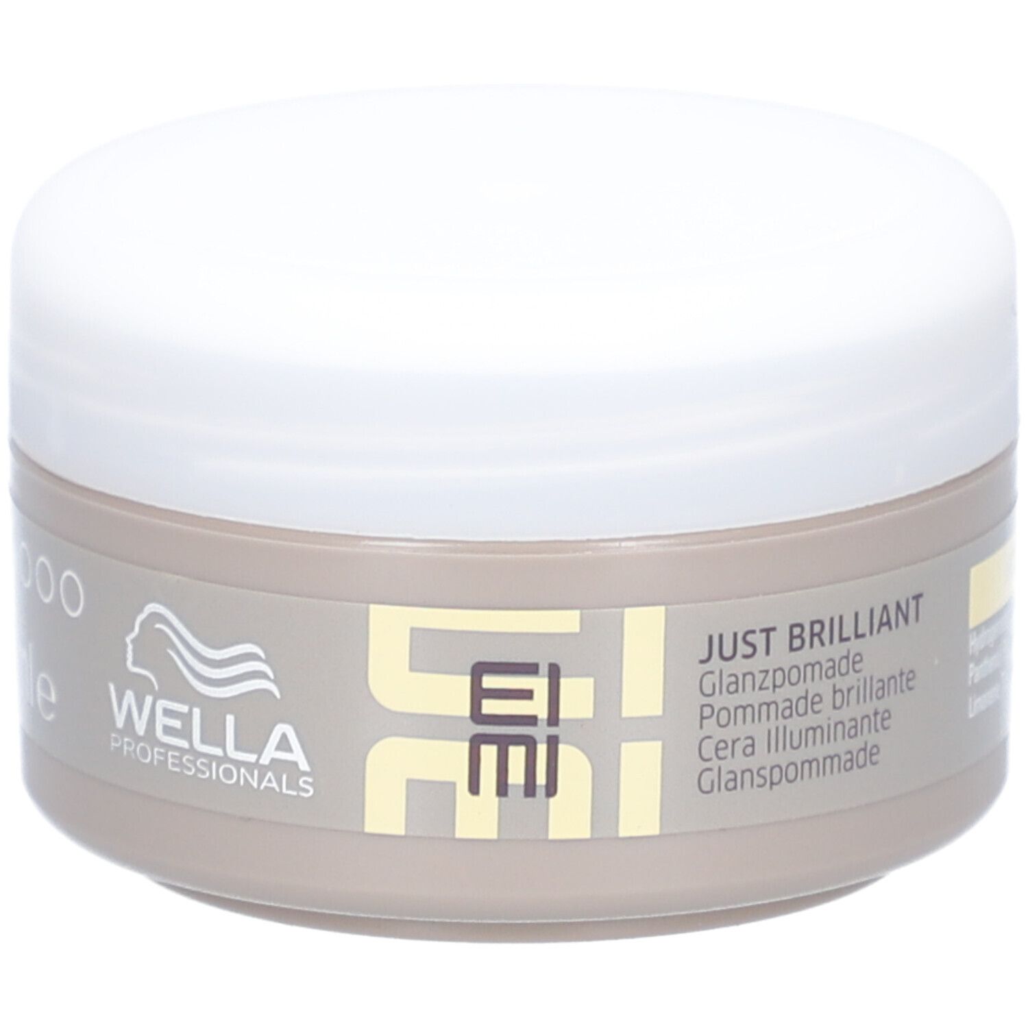 Pot avec couvercle blanc. Inscription : JUST BRILLIANT, Glanzpomade, Cera illuminante, Glanspommade. Logo : WELLA PROFESSIONALS, EIMI.