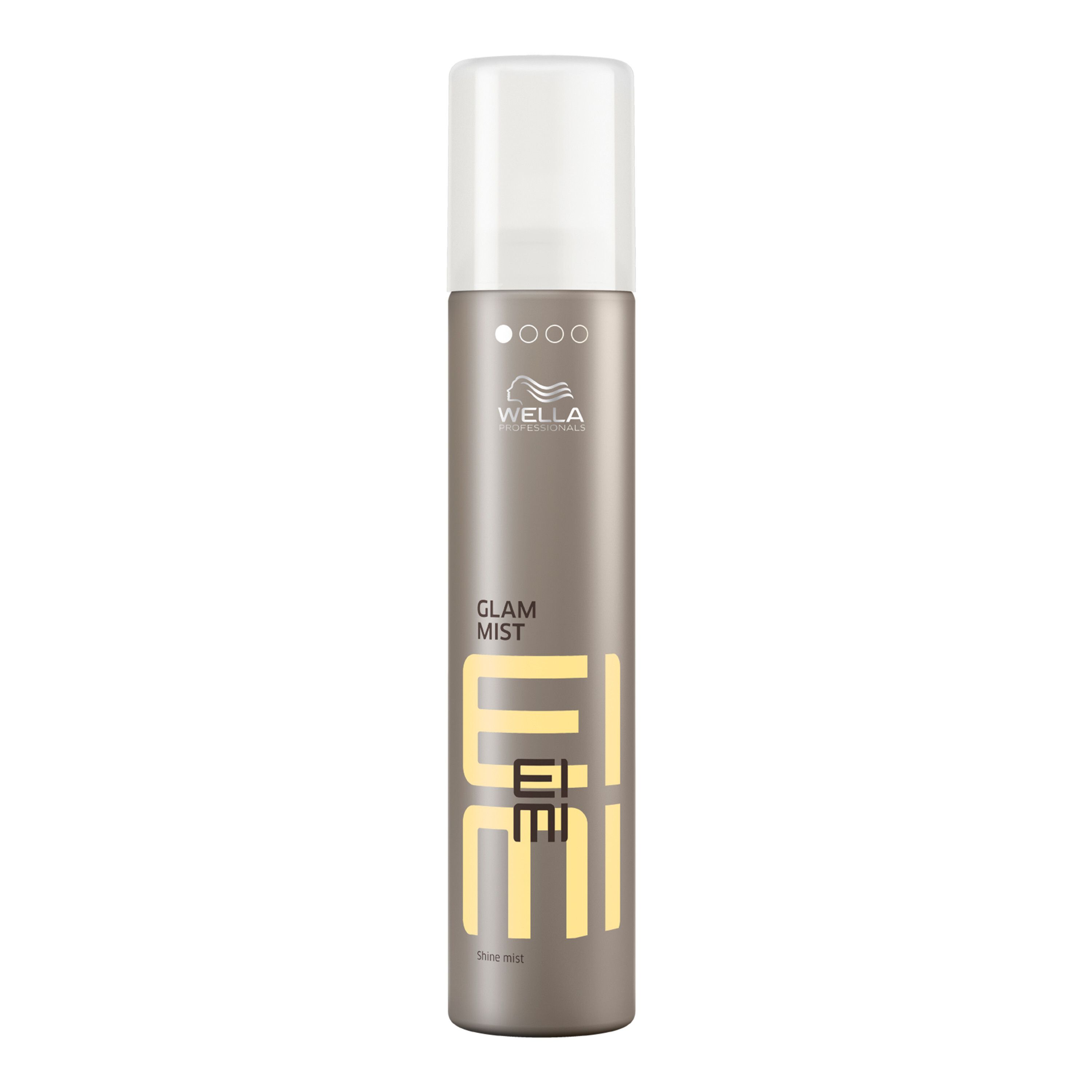 Bombe de laque avec bouchon blanc. Inscription : EIMI Glam Mist. Bombe marron avec texte jaune.