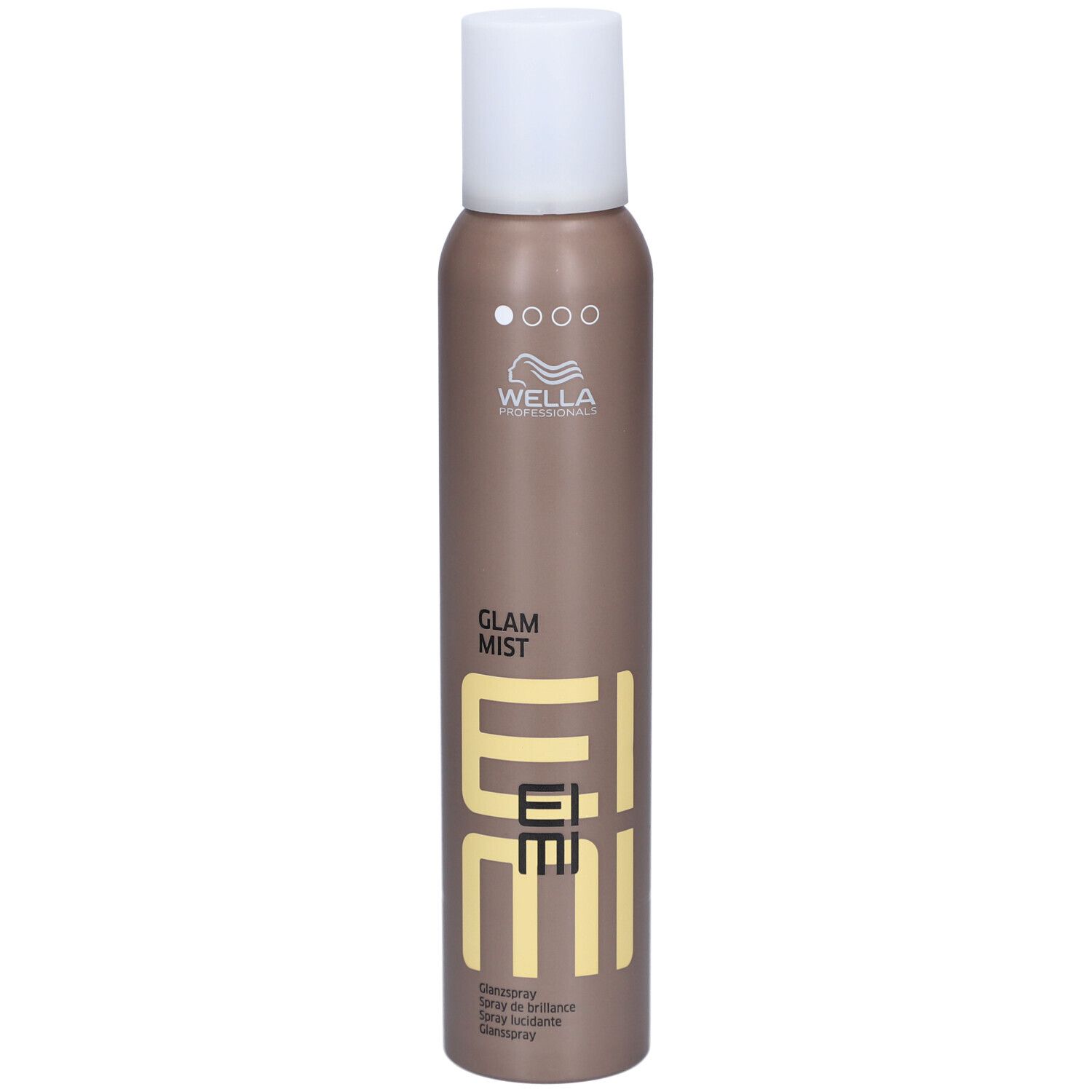 Bombe de laque avec bouchon blanc. Inscription : EIMI Glam Mist. Bombe marron avec texte jaune.