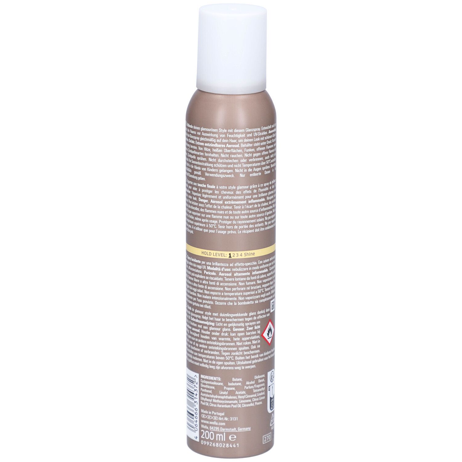 Bombe de laque, marron avec bouchon blanc. Dos avec texte. Indication de volume : 200 ml.