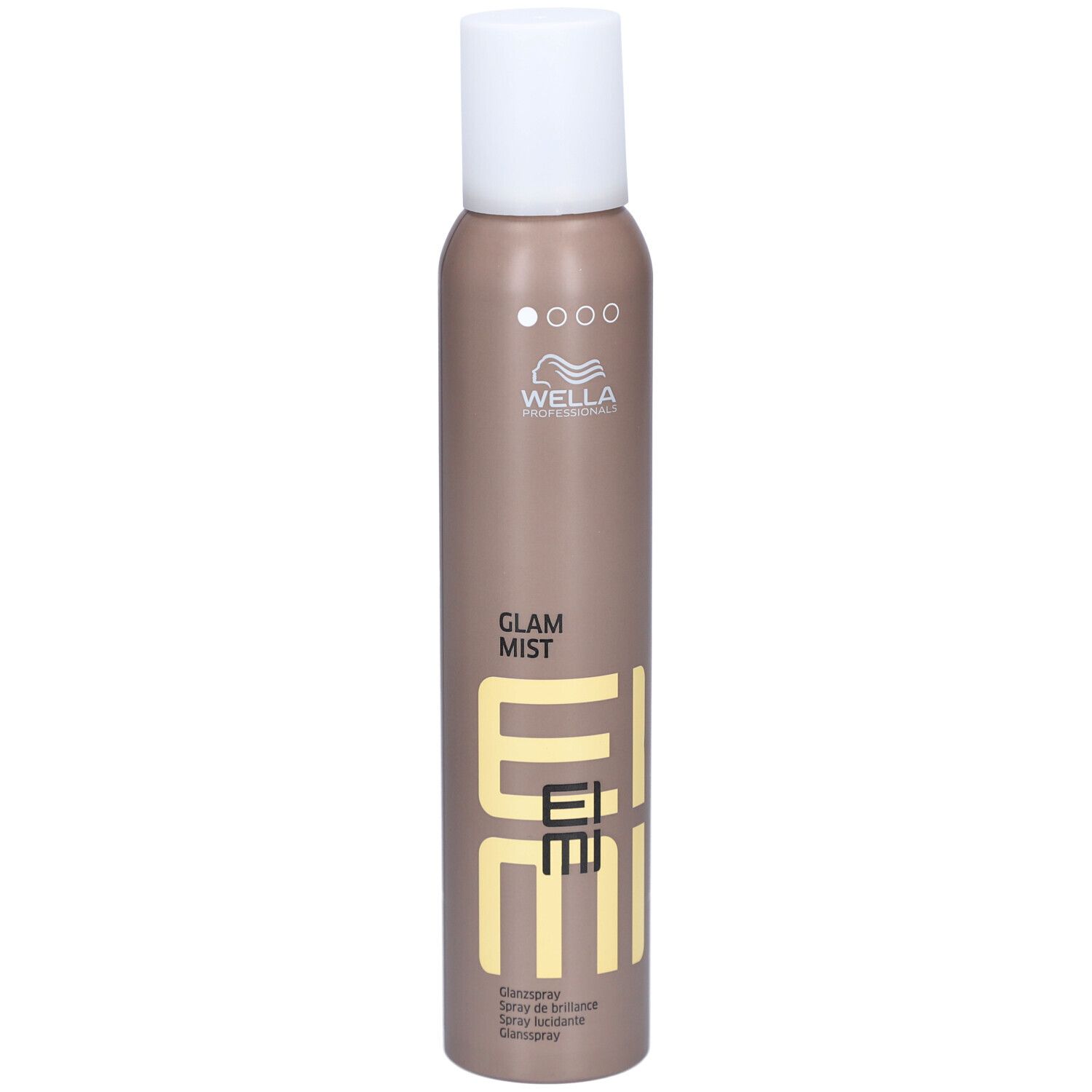 Bombe de laque avec bouchon blanc. Inscription : EIMI Glam Mist. Bombe marron avec texte jaune.