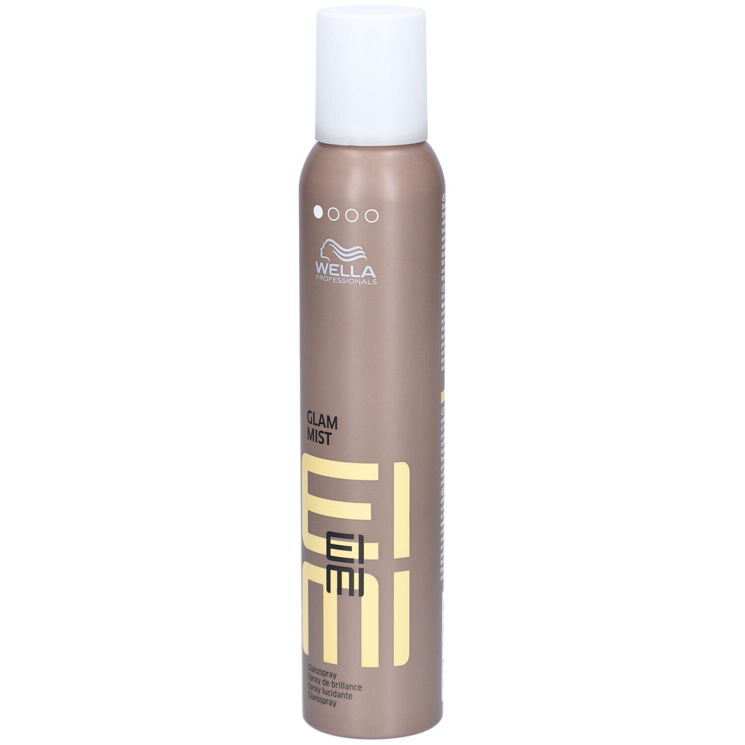 Bombe de laque avec bouchon blanc. Inscription : EIMI Glam Mist. Bombe marron avec texte jaune.