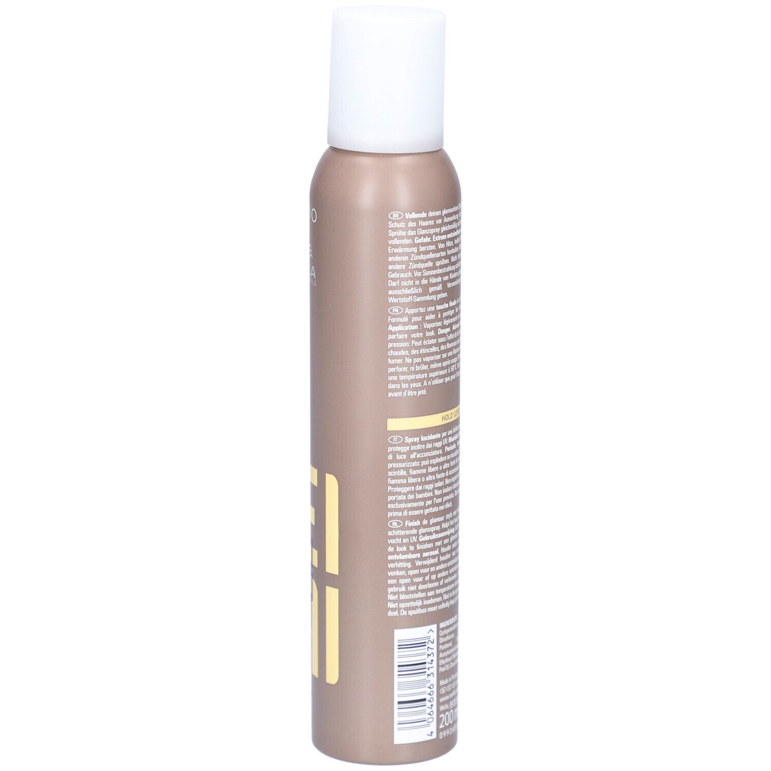 Bombe de laque, marron avec bouchon blanc. Dos avec texte. Indication de volume : 200 ml.