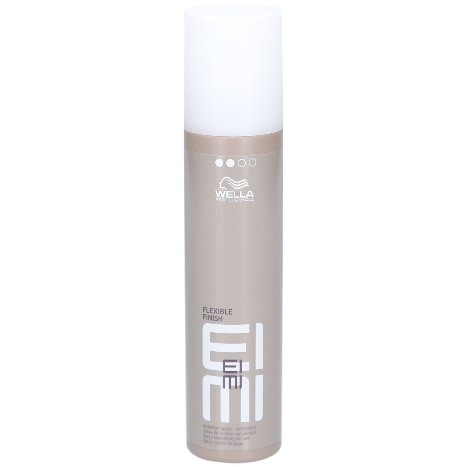 Flacon cylindrique avec bouchon blanc. Inscription : EIMI Flexible Finish. Marque : Wella.