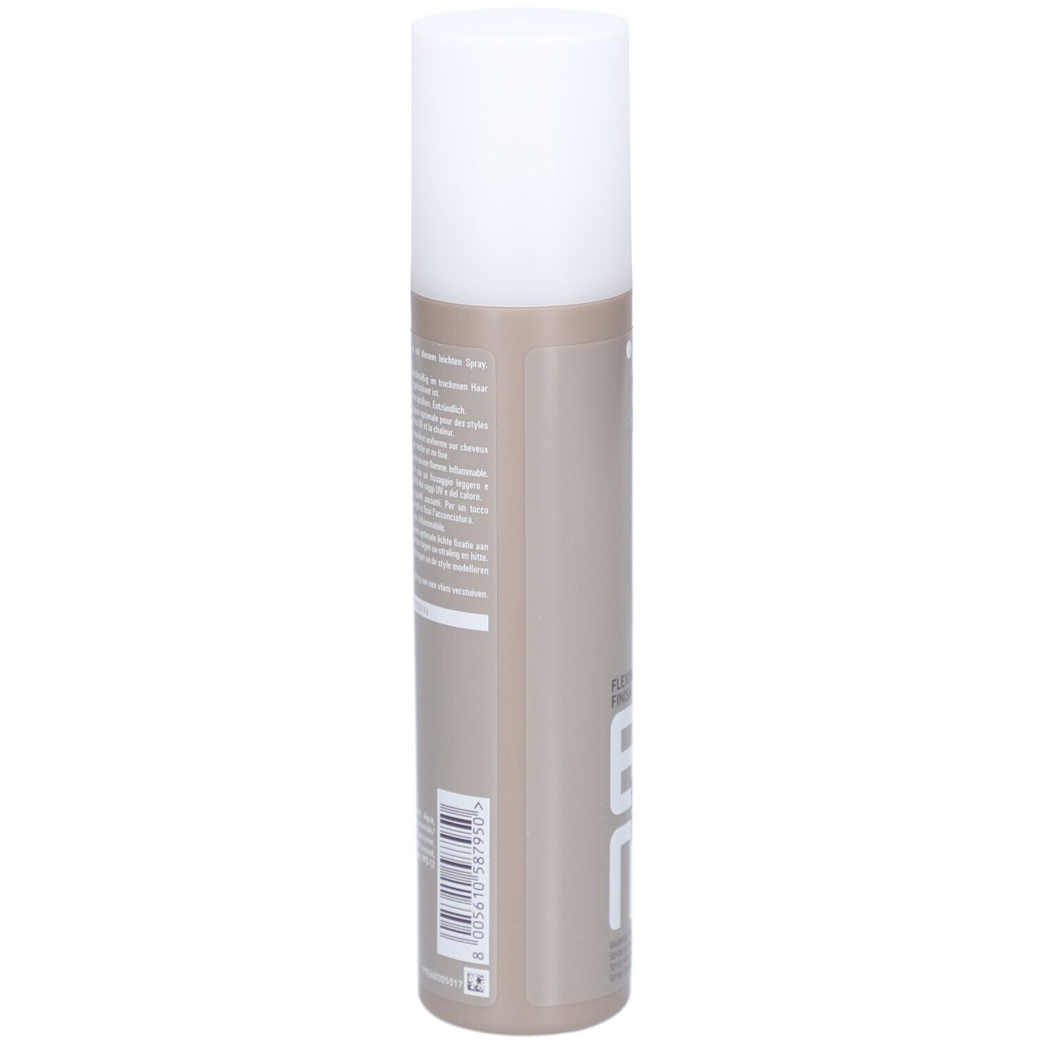 Flacon cylindrique avec bouchon blanc. Texte et code-barres au dos.