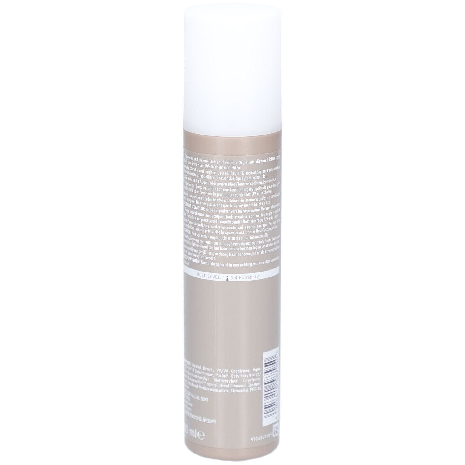 Flacon cylindrique avec bouchon blanc. Texte et code-barres au dos.