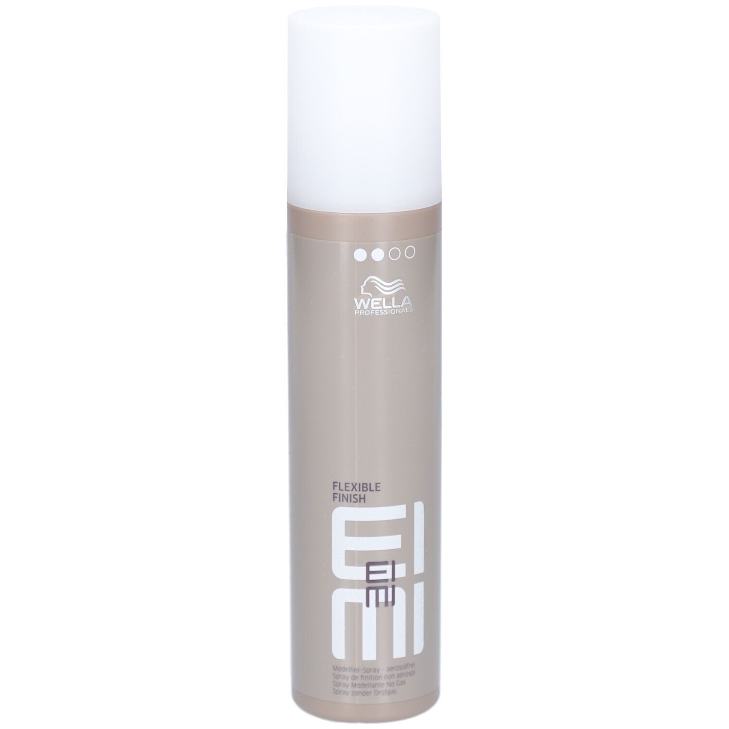 Flacon cylindrique avec bouchon blanc. Inscription : EIMI Flexible Finish. Marque : Wella.