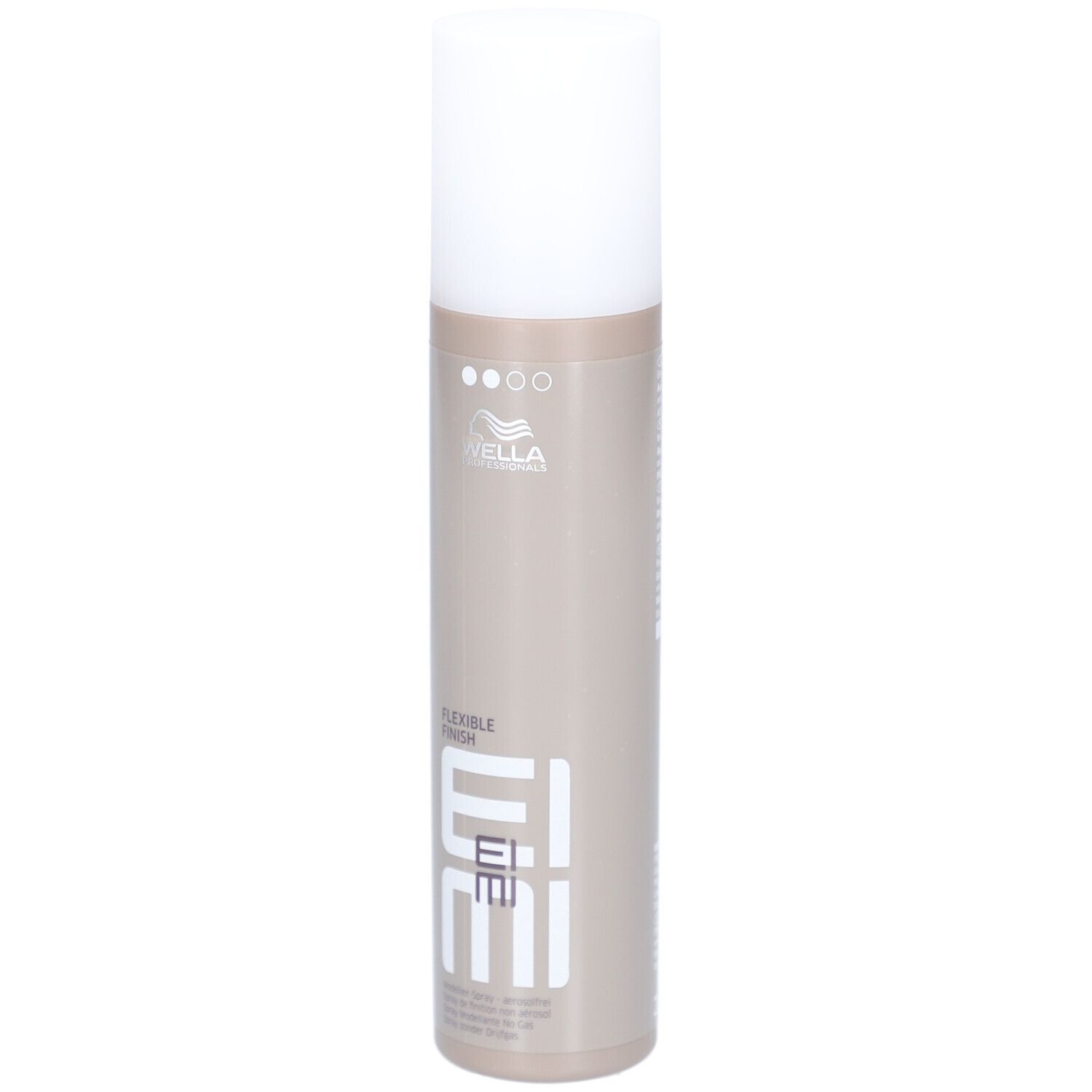 Flacon cylindrique avec bouchon blanc. Inscription : EIMI Flexible Finish. Marque : Wella.